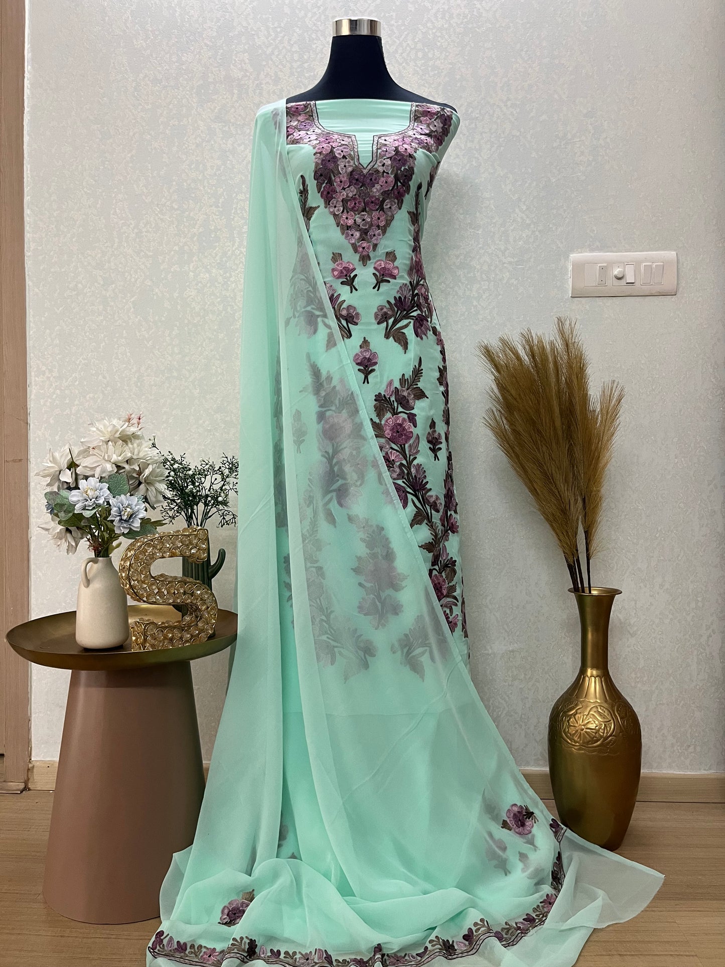 Green Georgette 3 Pc Kashmiri Suit