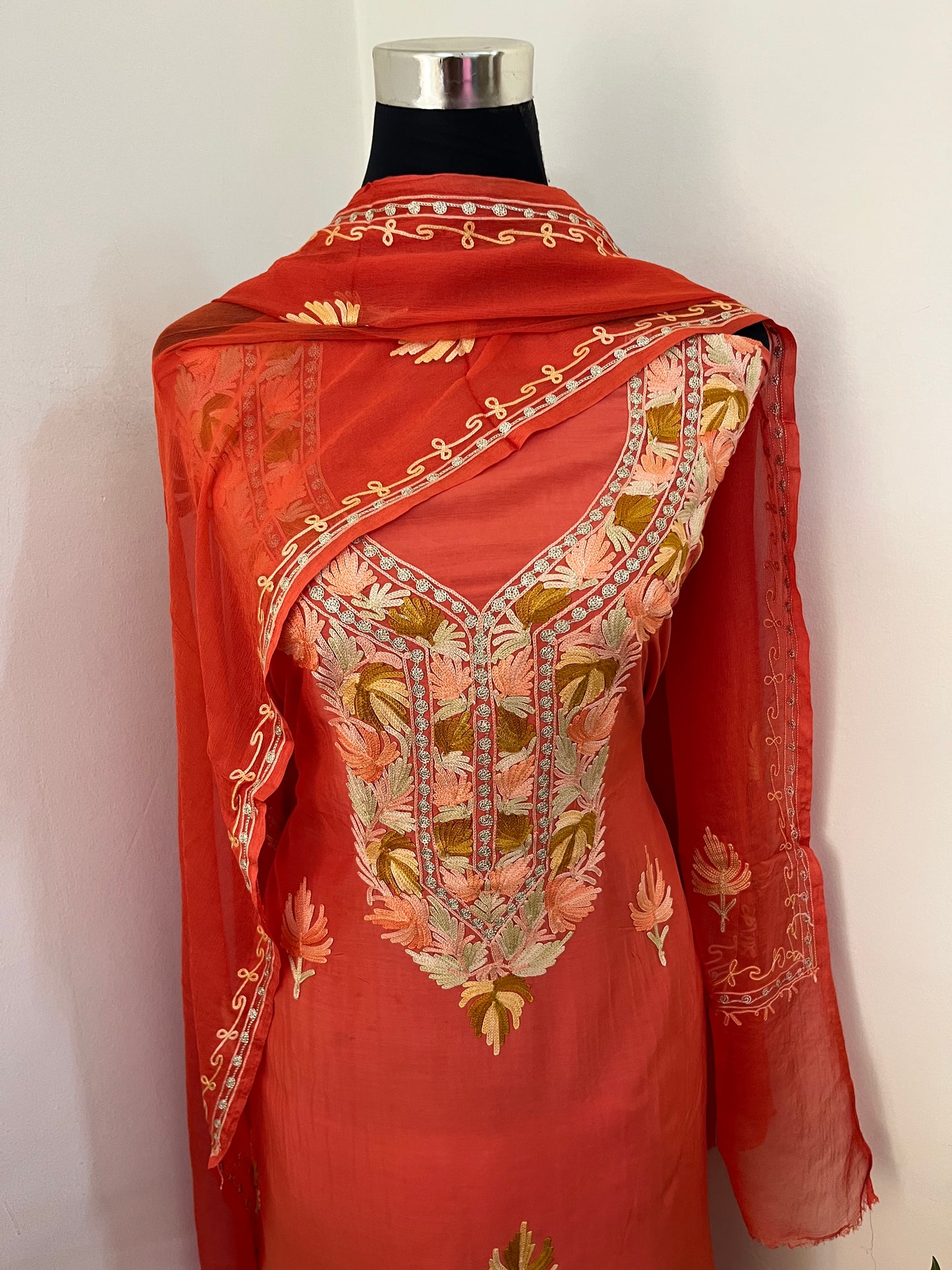 Soft Orange Muslin Cotton Aari Embroidered 3pc set