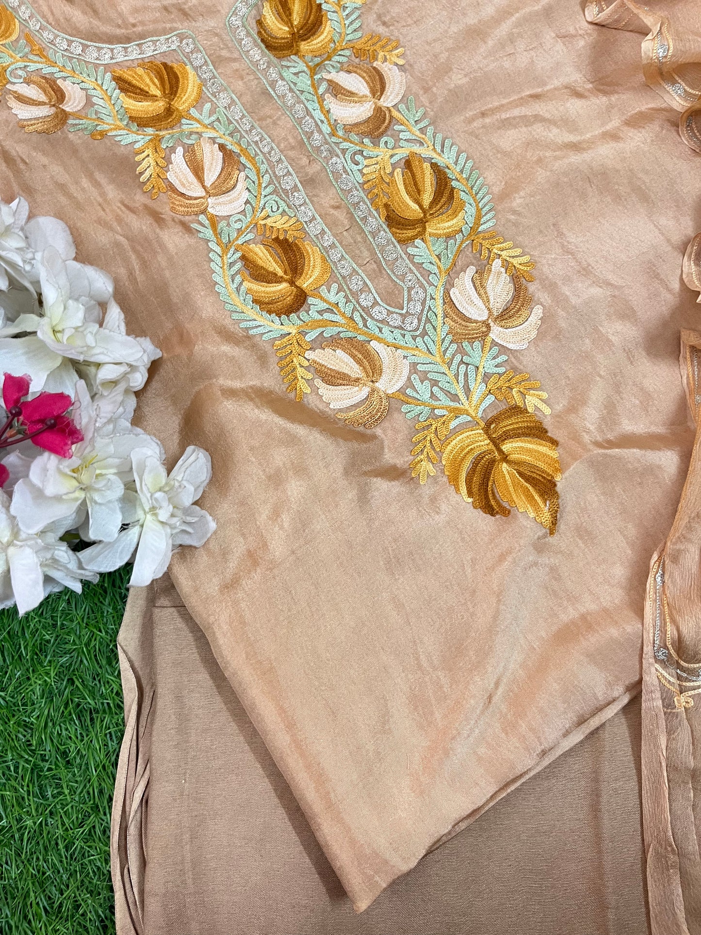 Tea Brown  Opada Silk Aari Embroidered Suit material