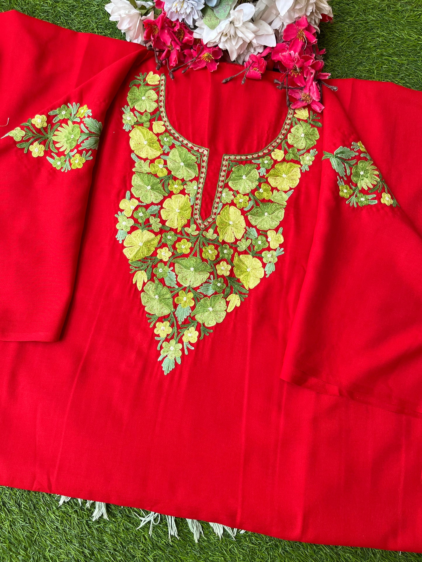 Red Aari Embroidered Cotton Suit Set