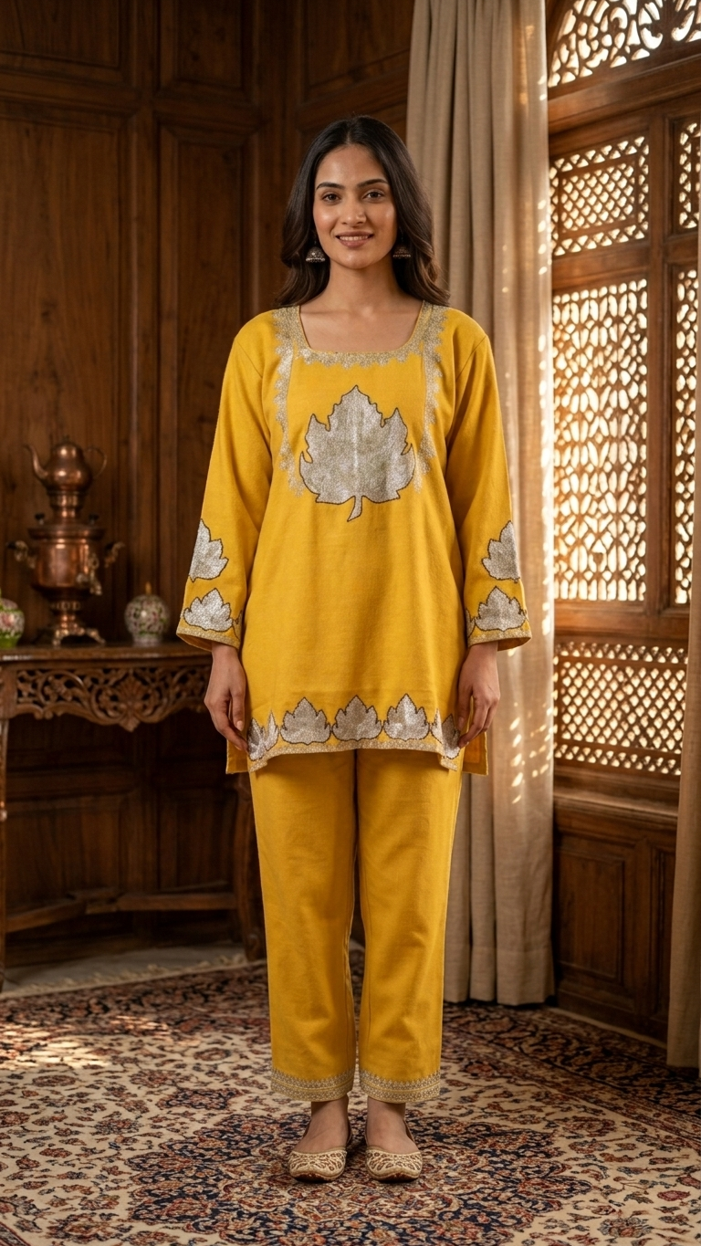 Yellow Woollen Kashmiri Co-Ord Set ( Size 44)