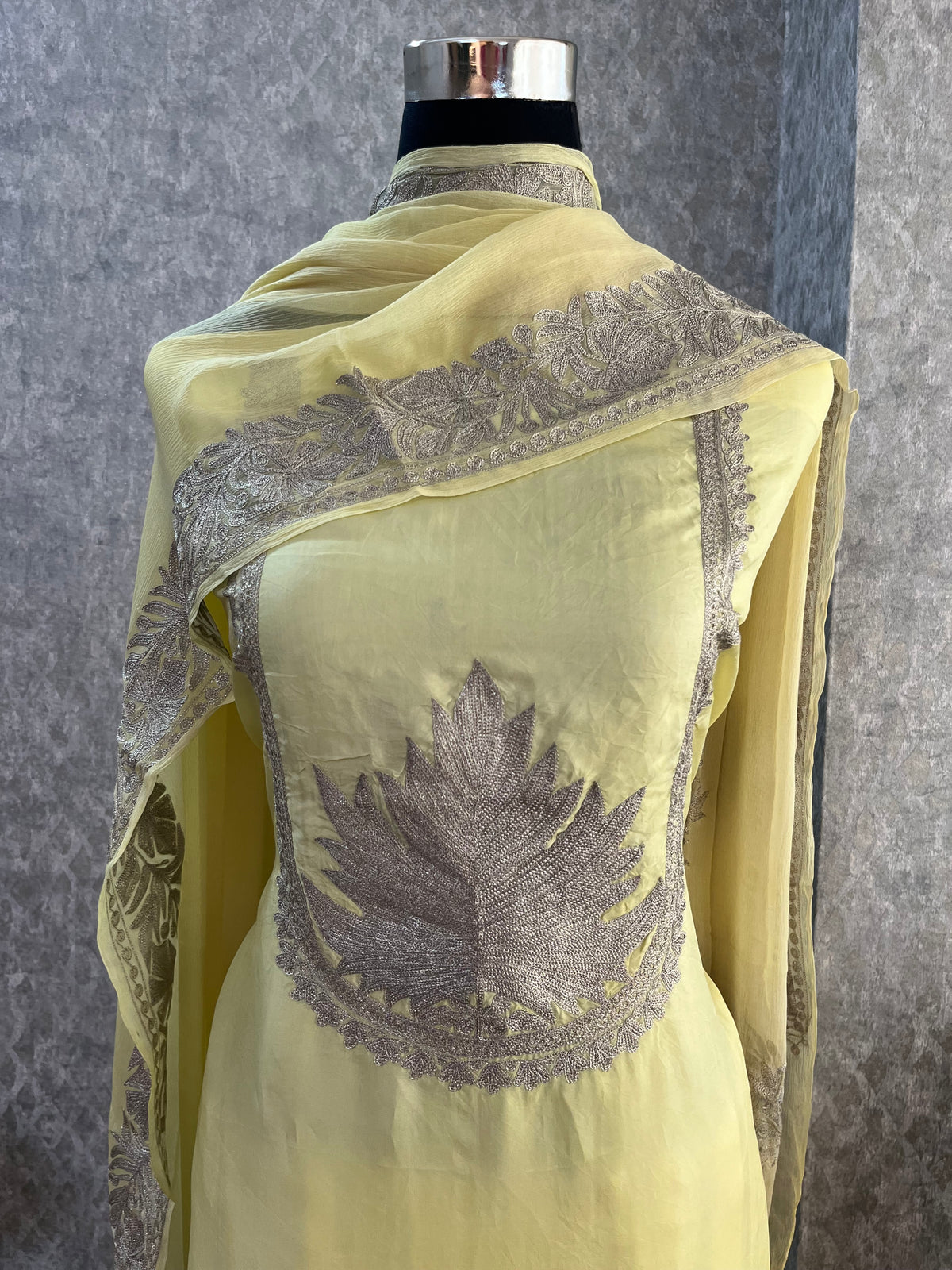 Lemon Yellow Sanam’ Tilla Kashmiri Silk Suit