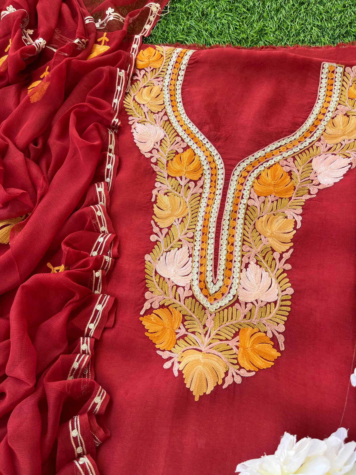 Maroon Opada Silk Aari Embroidered Suit material