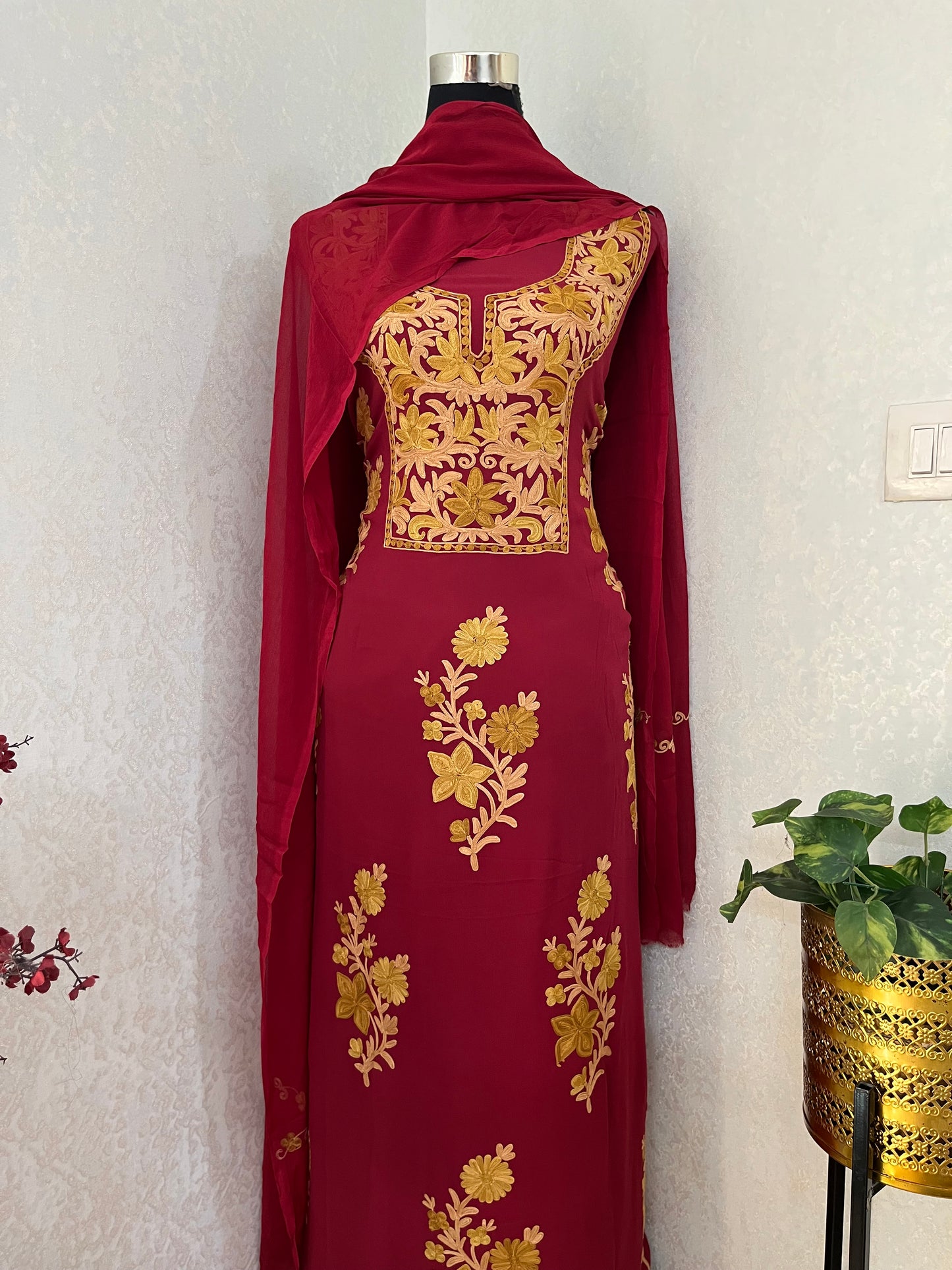 Maroon  Pure Georgette Aari Embroidered Suit