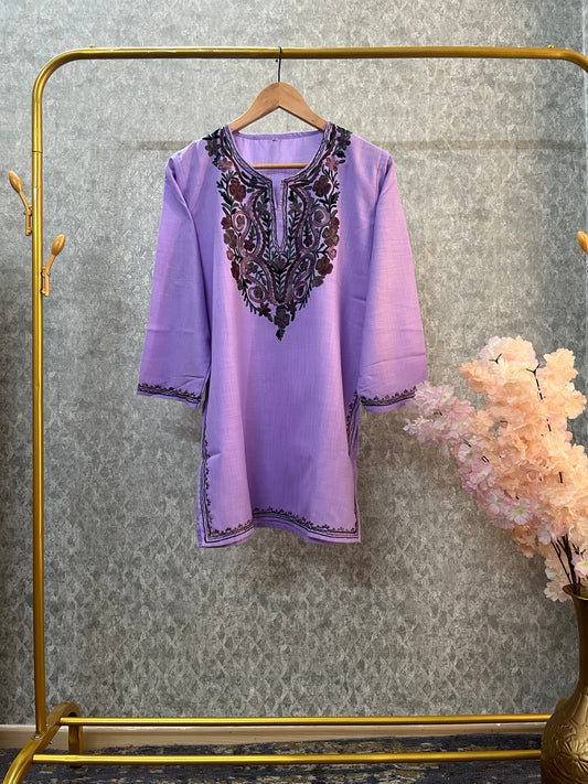 Lavender Cotton Aari Work Kurti