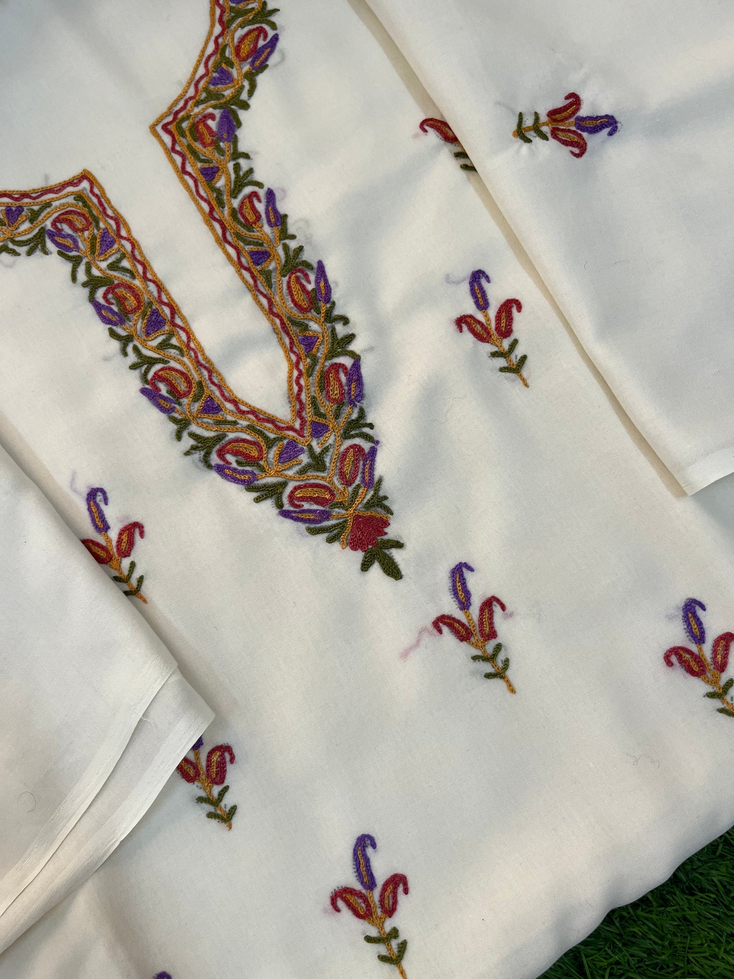 Off White Cotton Two Piece Suit (Hand Embroidered)