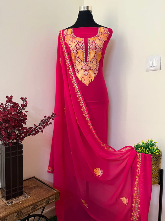 Hot Pink Georgette Shirt and Dupatta Aari Embroidered Suit