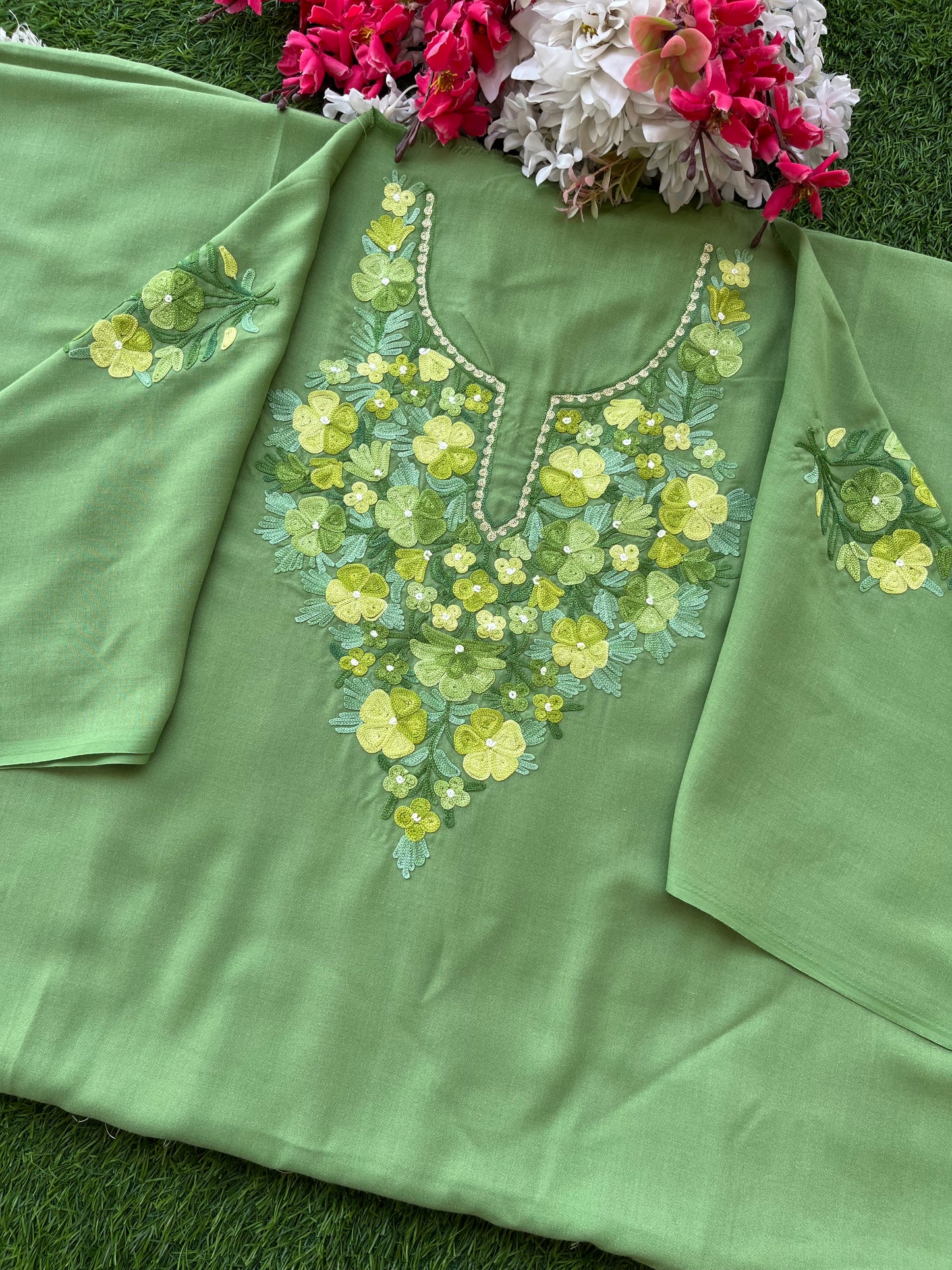 Pastel Green Aari Embroidered Cotton Suit Set