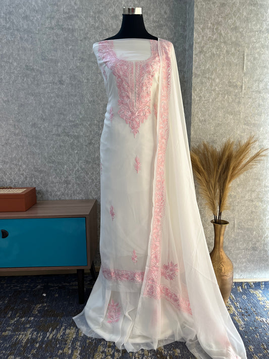 Off White Georgette Aari Embroidered Suit Set
