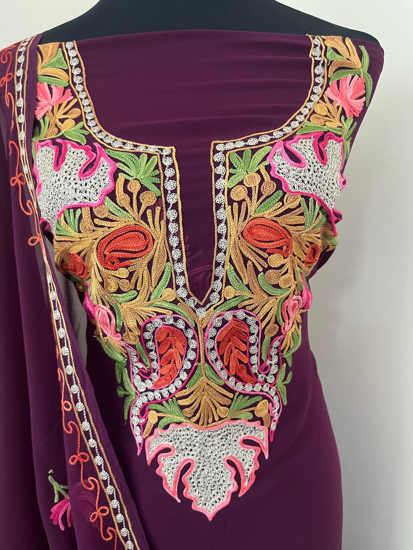 Wine Georgette Shirt and Dupatta Aari Embroidered Suit