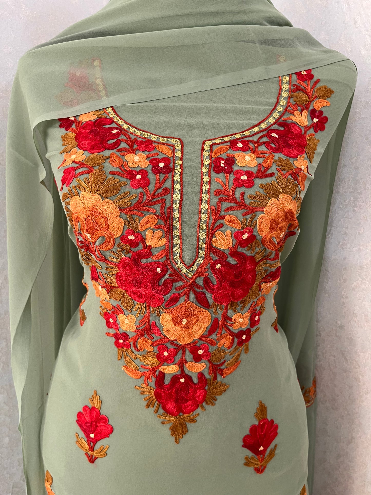 Jade Green Georgette 3Pc Kashmiri Suit