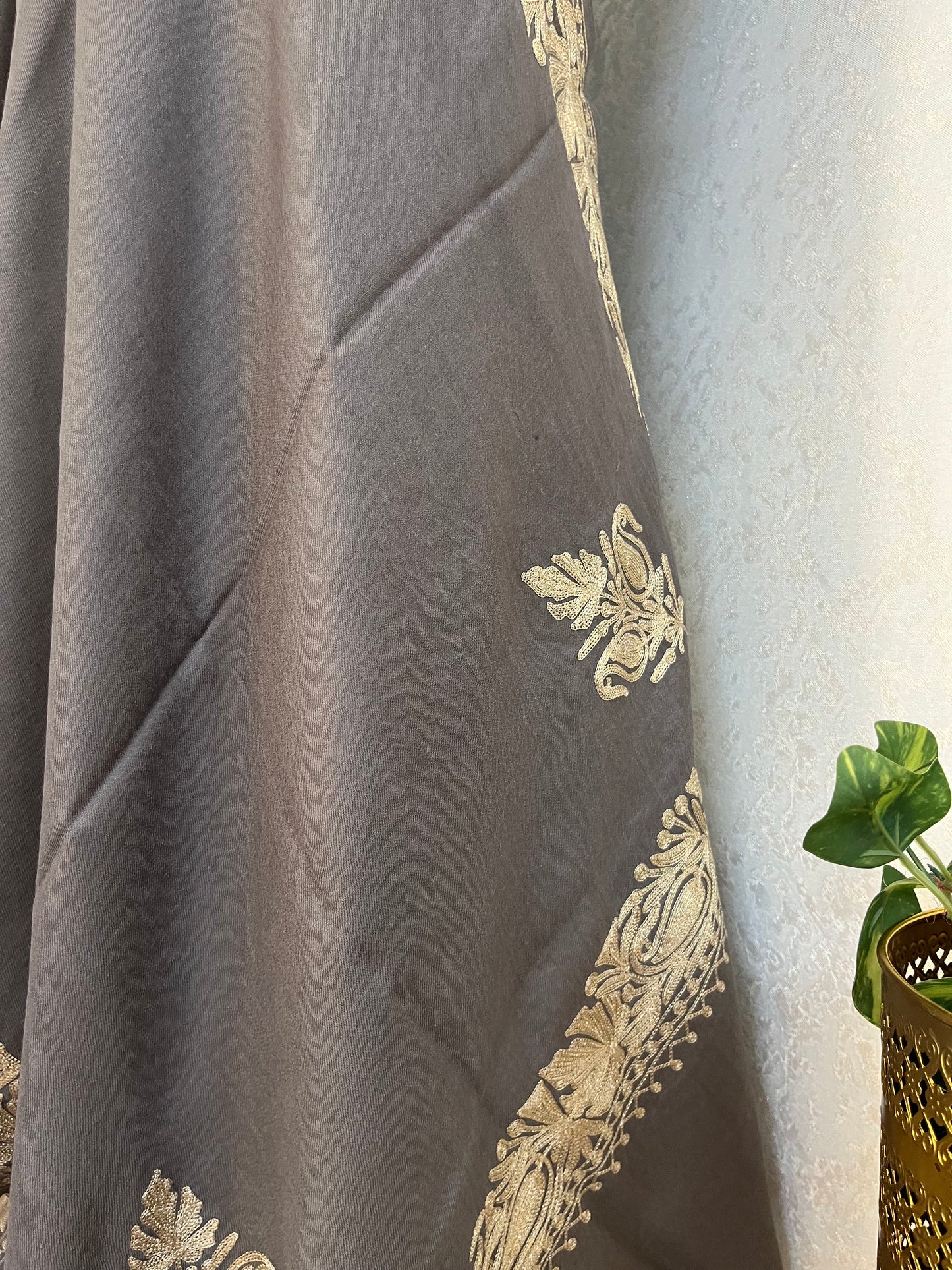 Grey Semi Pashmina Tilla Embroidered stole