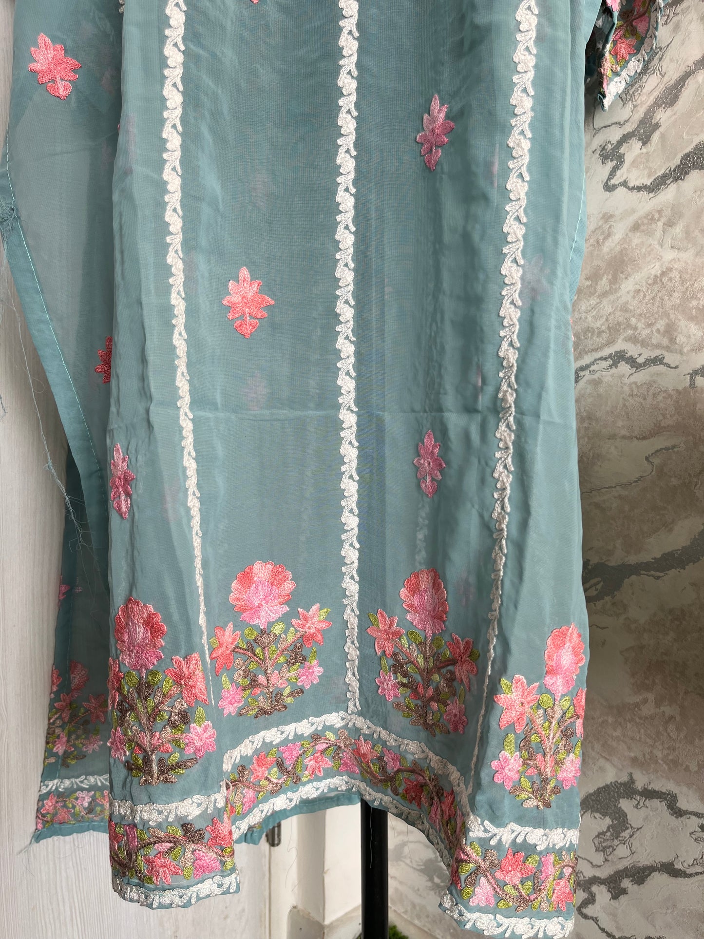 Sea Blue Georgette All over Work Aari Embroidered Unstitched Kurta Material