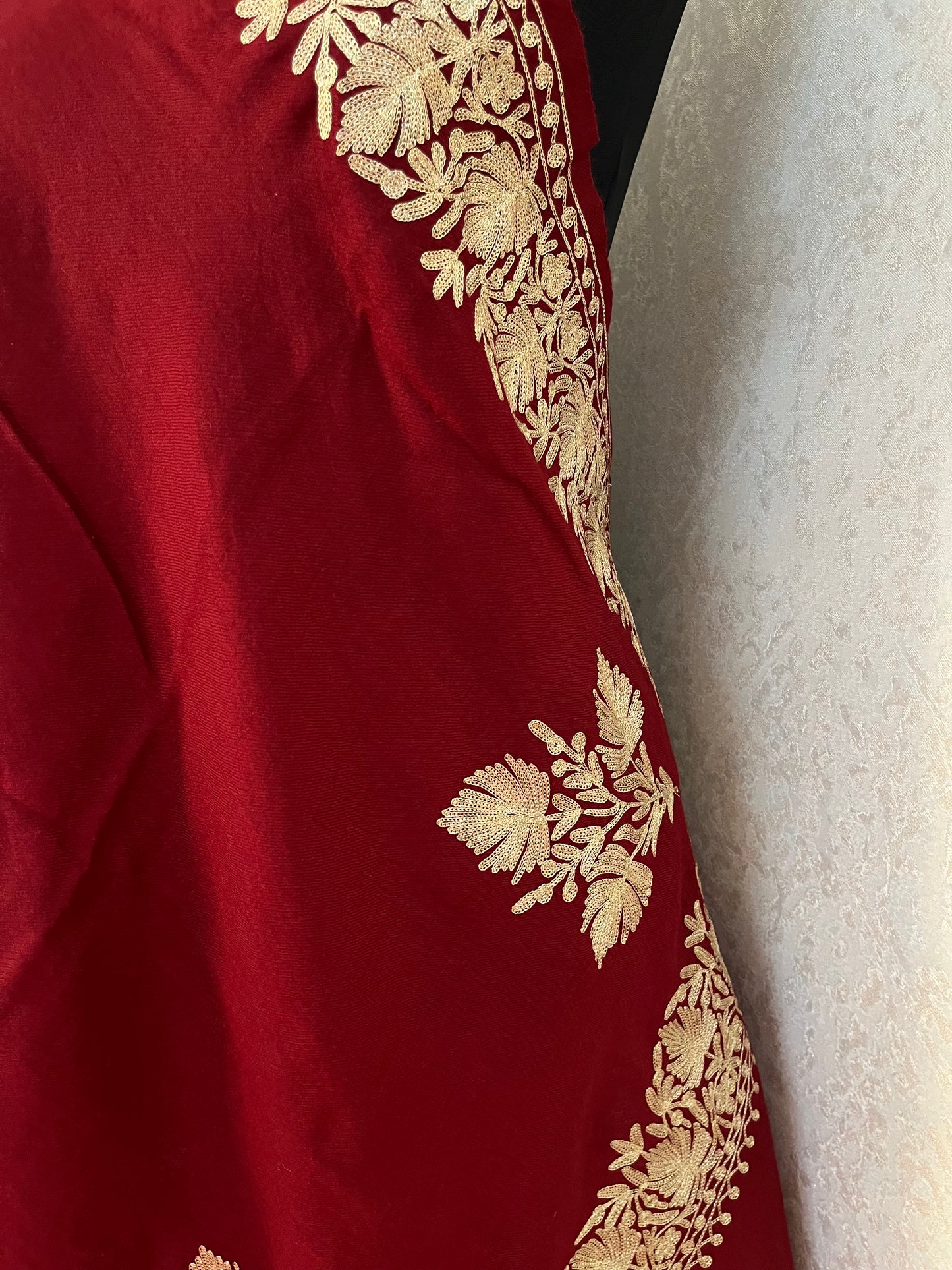Maroon Semi Pashmina Tilla Embroidered stole
