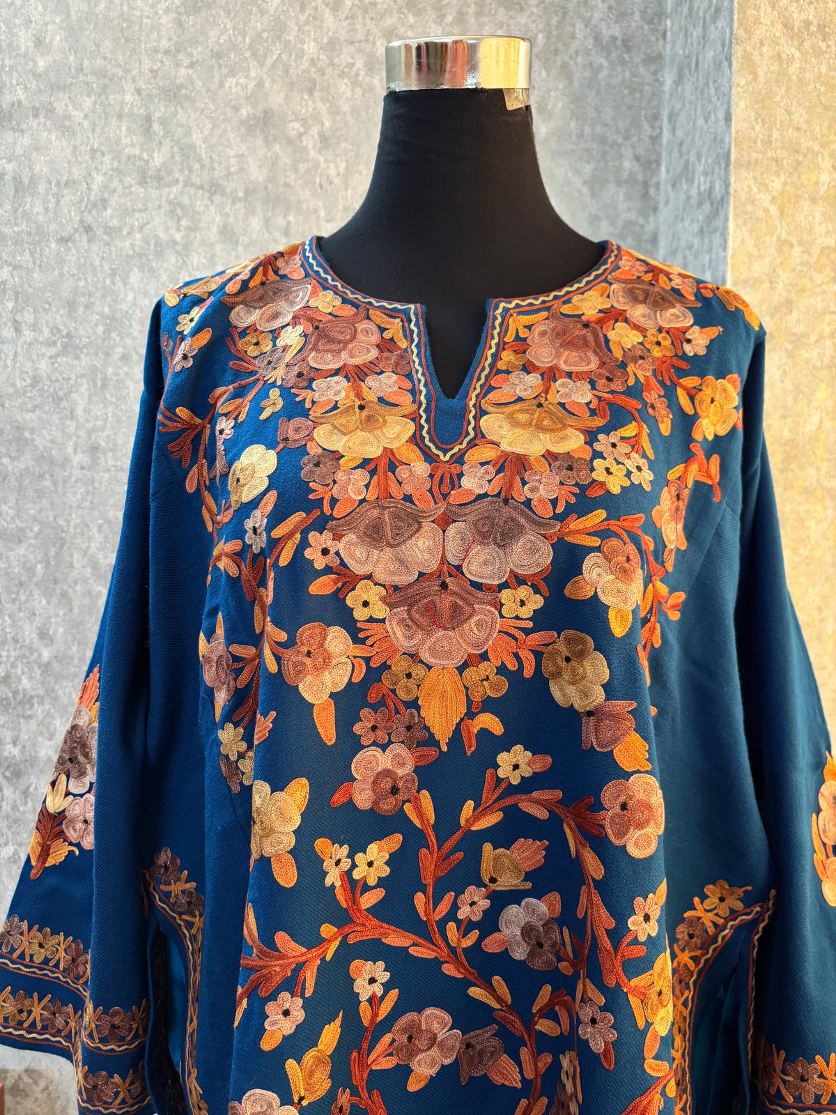 Peacock Blue Aari Embroidered Wool Pheran