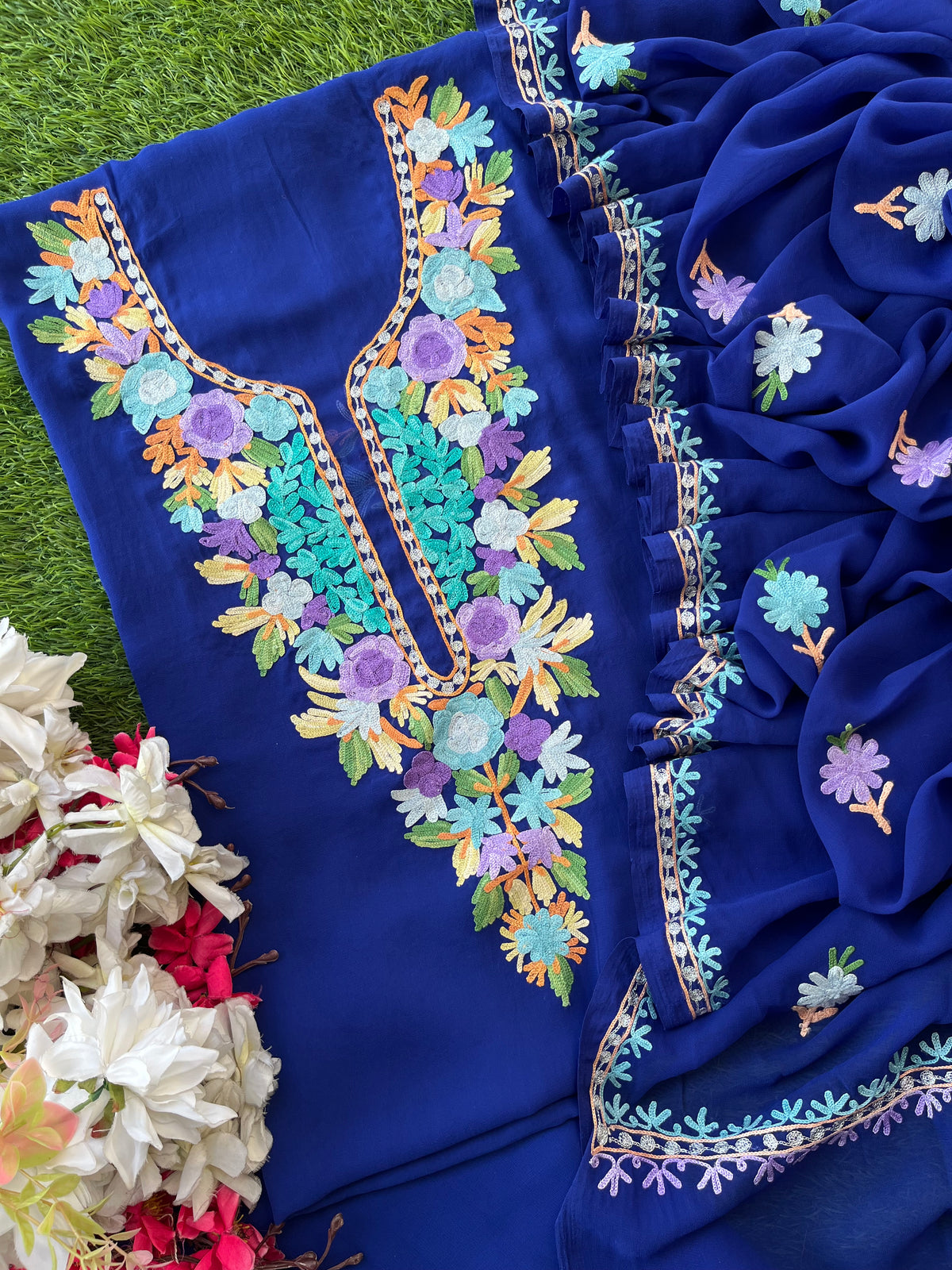 Georgette Electric Blue Aari Embroidered Suit set
