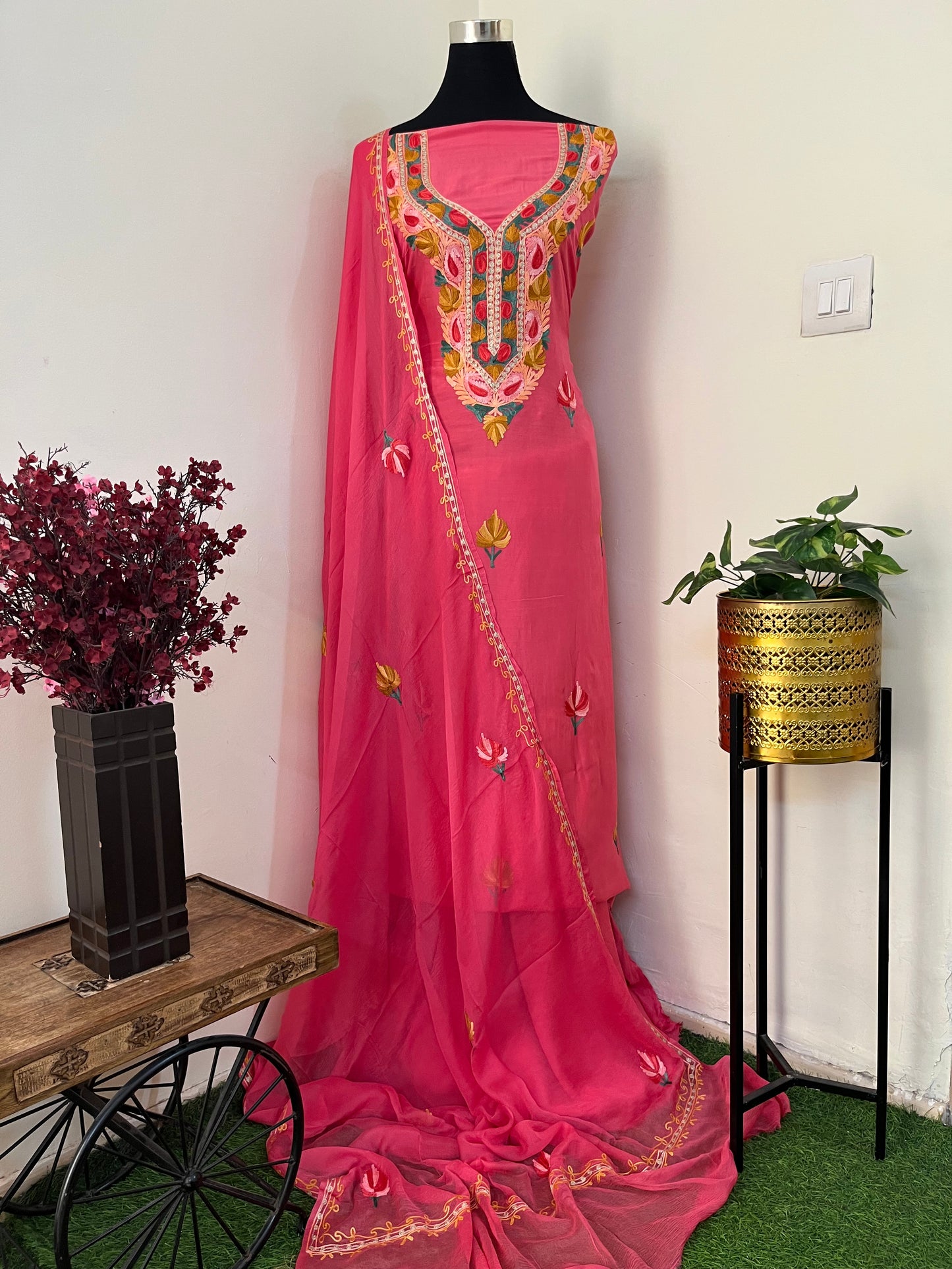 Candy Pink Muslin Cotton Aari Embroidered 3pc set