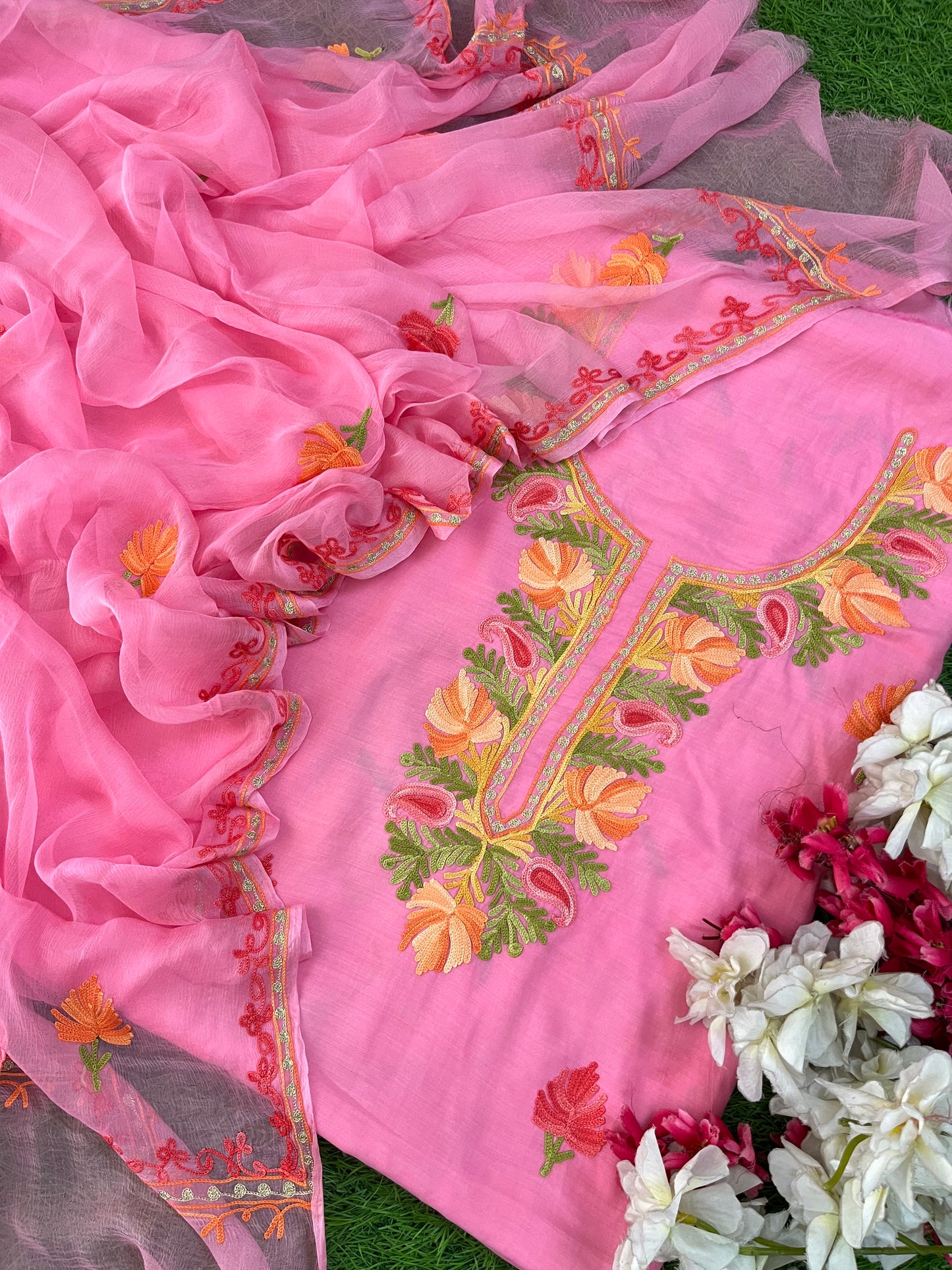 Soft Pink Muslin Cotton Jaal Sleeves Kashmiri 3pc Suit