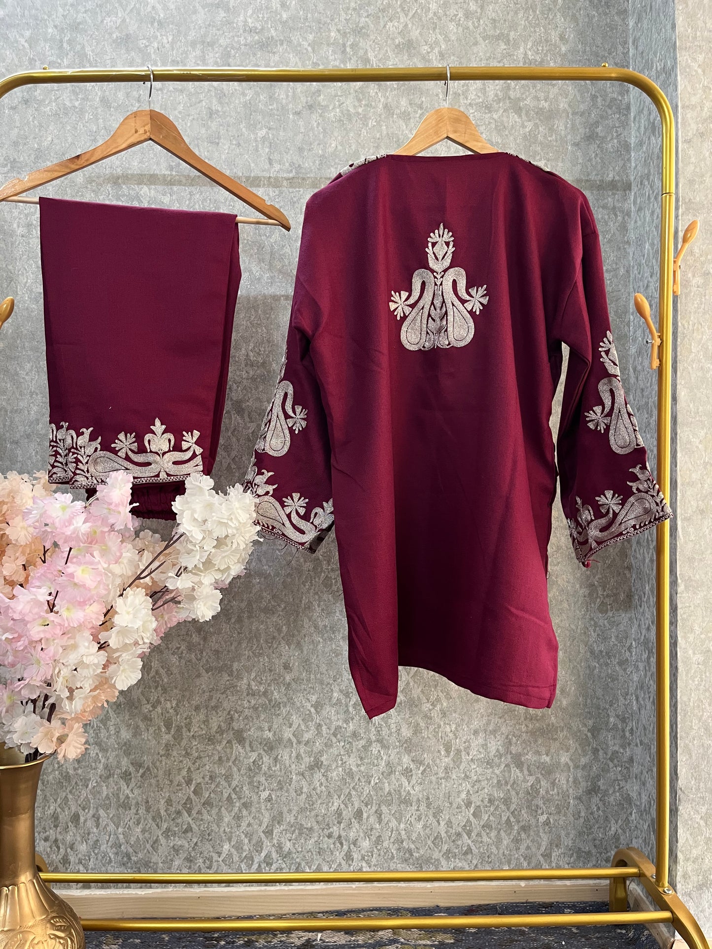 Wine Woollen Kashmiri Co-Ord Set ( Size 44)