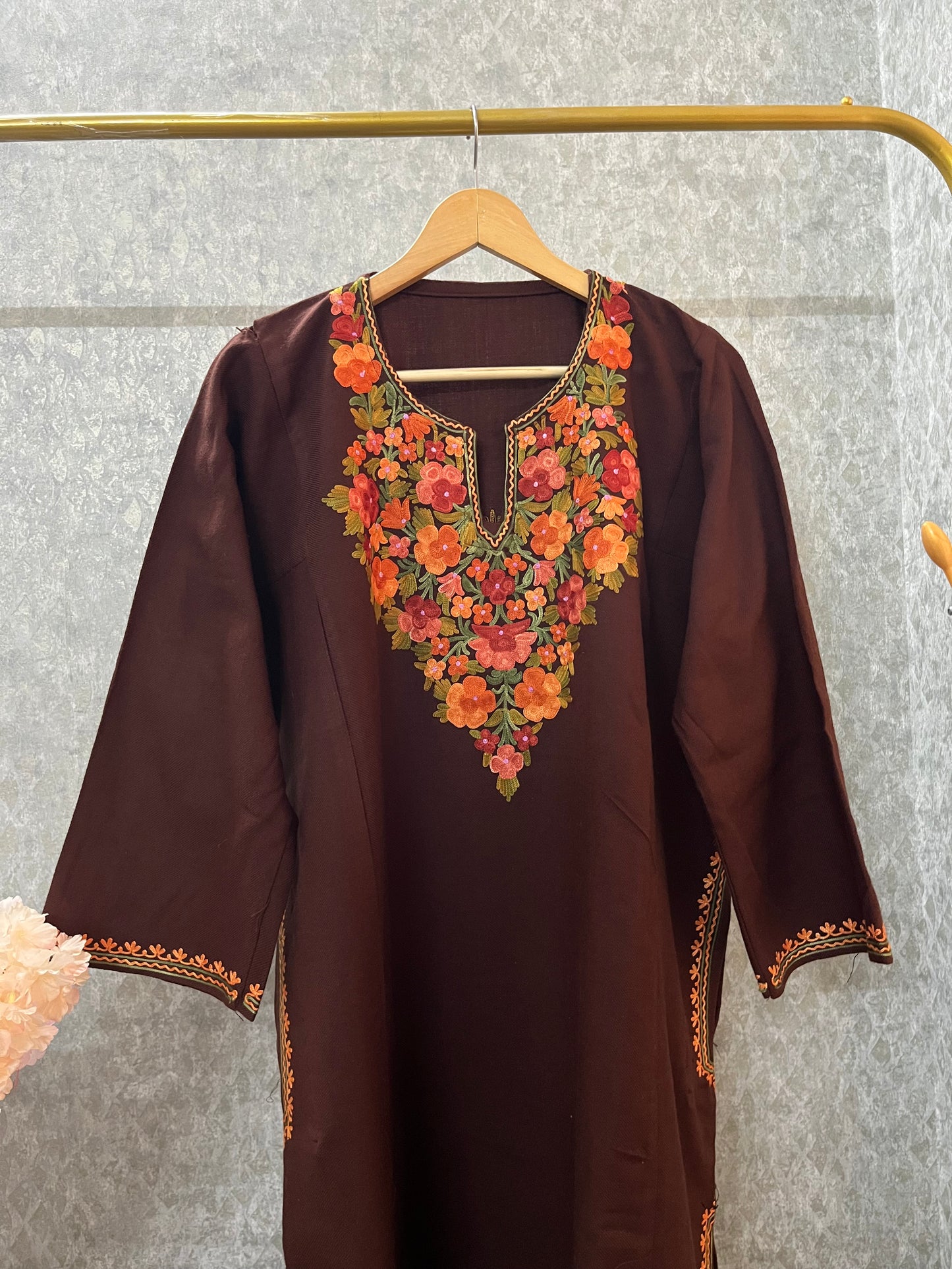 Brown Aari Embroidered Wool Pheran