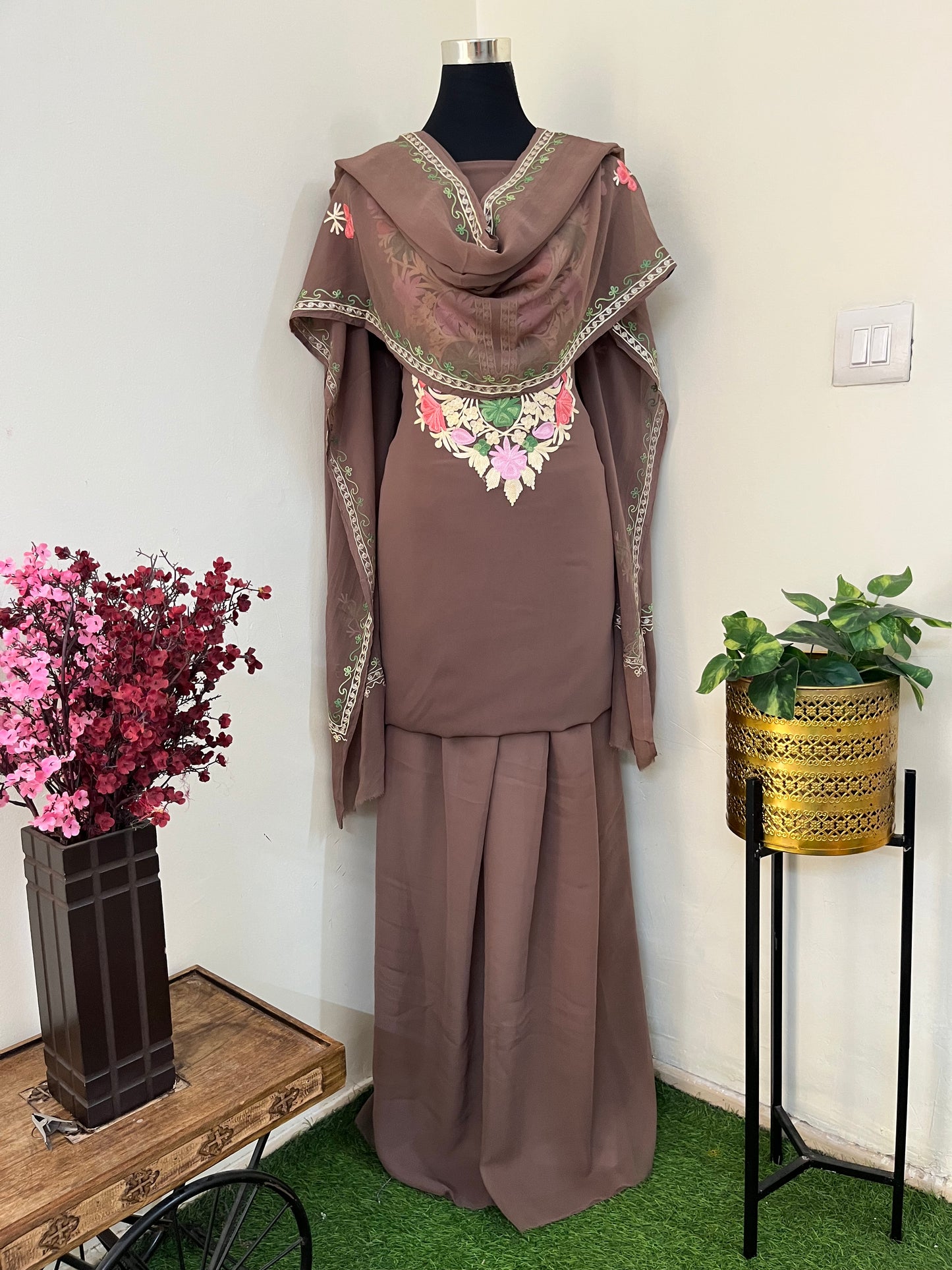 Coffee Brown Georgette 3 Pc Aari Embroidered Suit Set