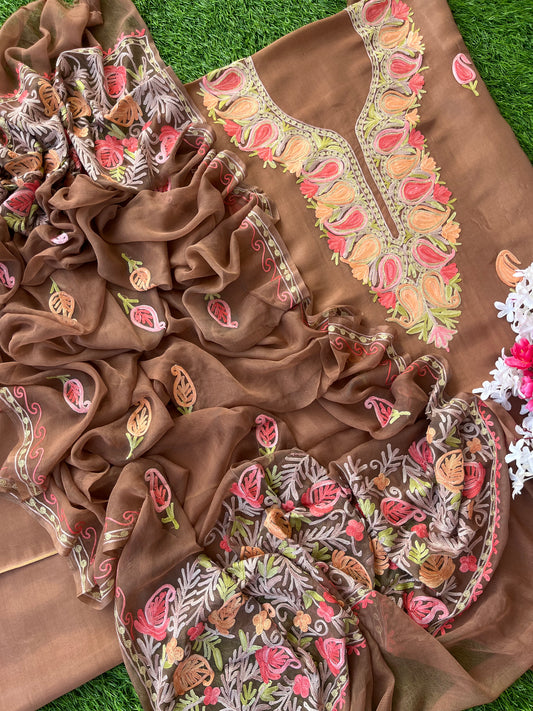 Coffee Brown Heavy Dupatta Opada Silk Aari Embroidered Suit material