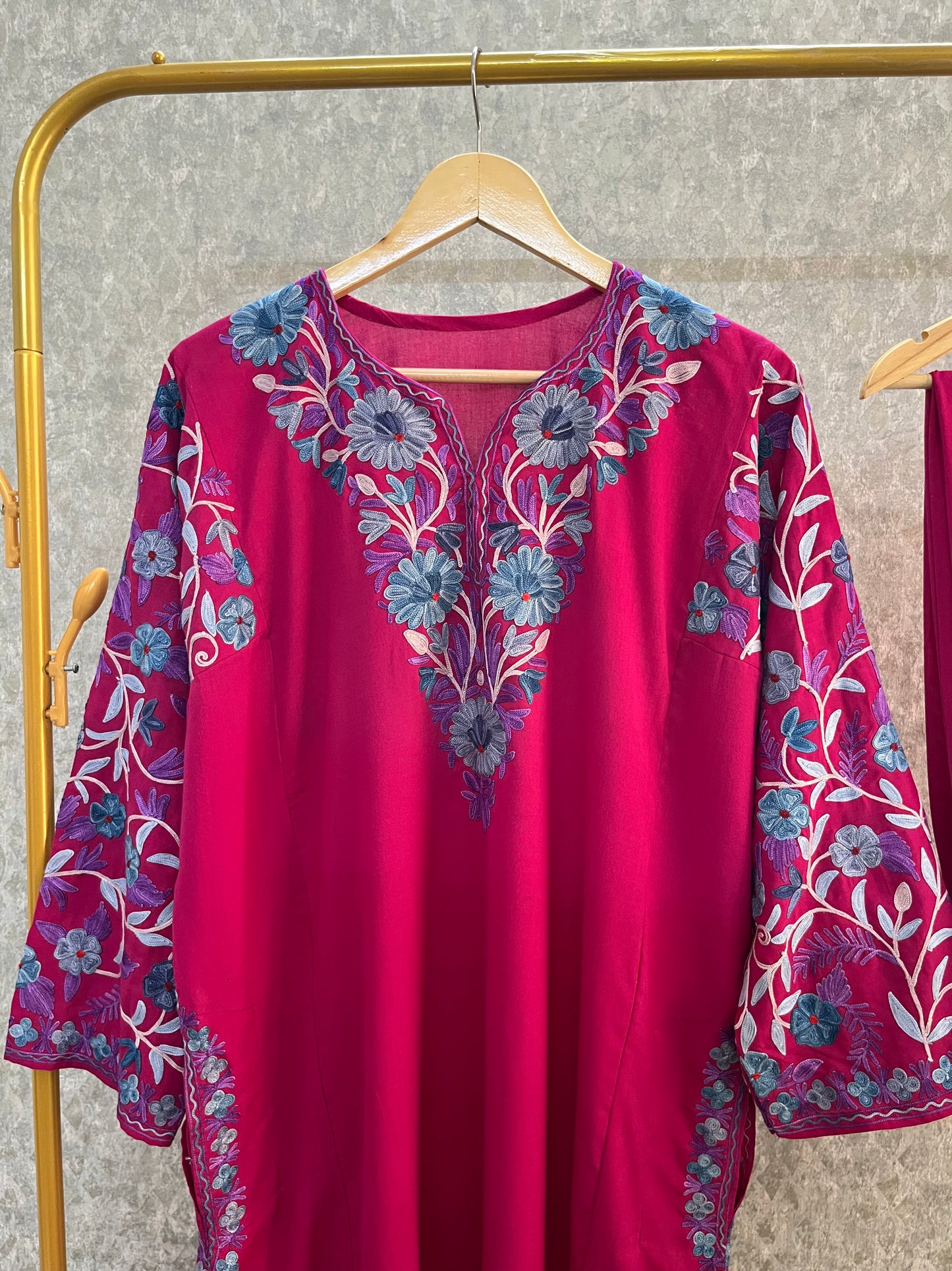 Hot Pink Cotton Arm Jaal Pheran Set