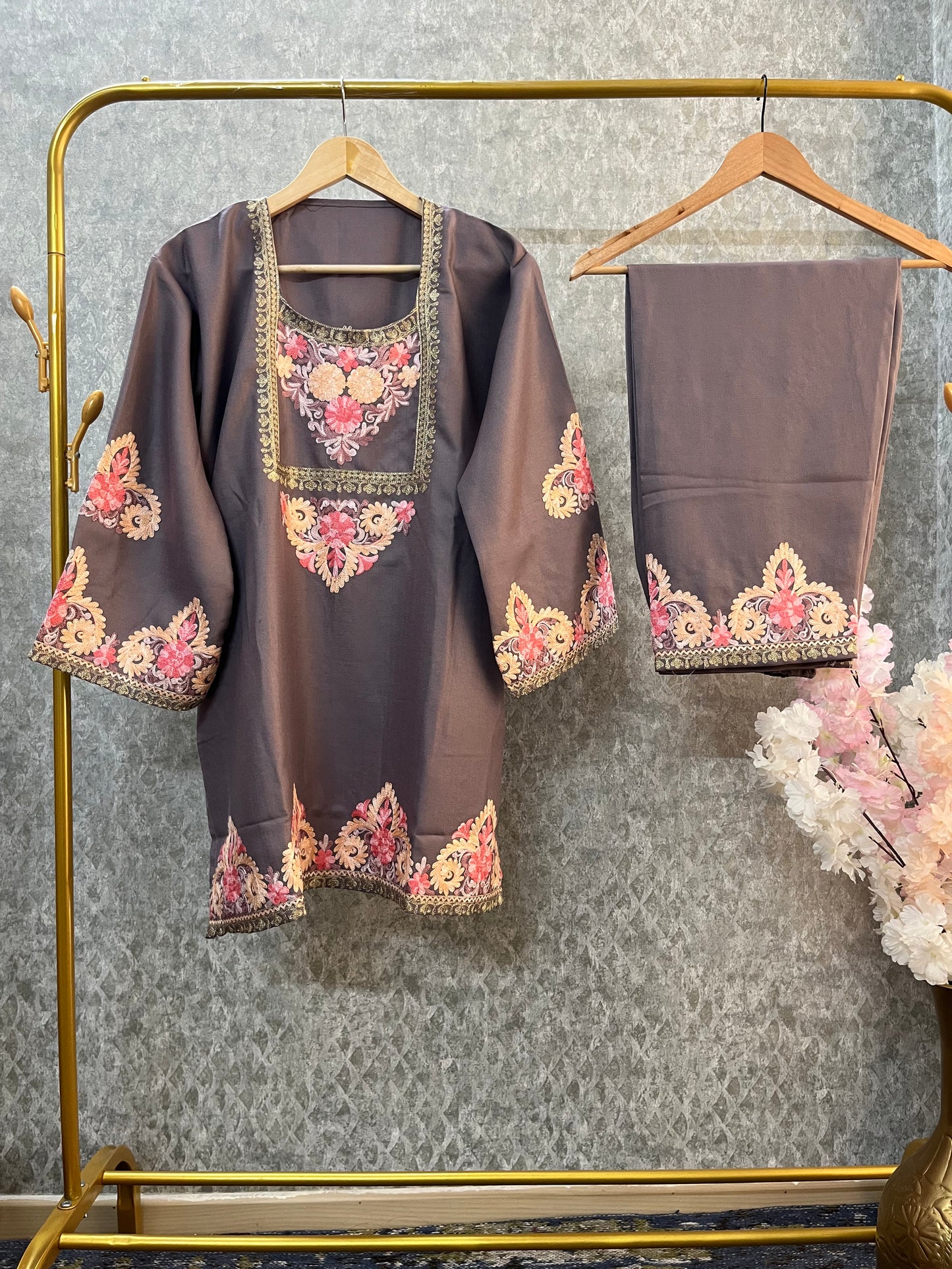 Light Coffee Woollen Kashmiri Co-Ord Set ( Size 40)