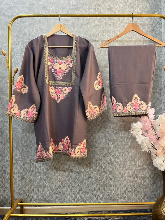 Light Coffee Woollen Kashmiri Co-Ord Set ( Size 40)