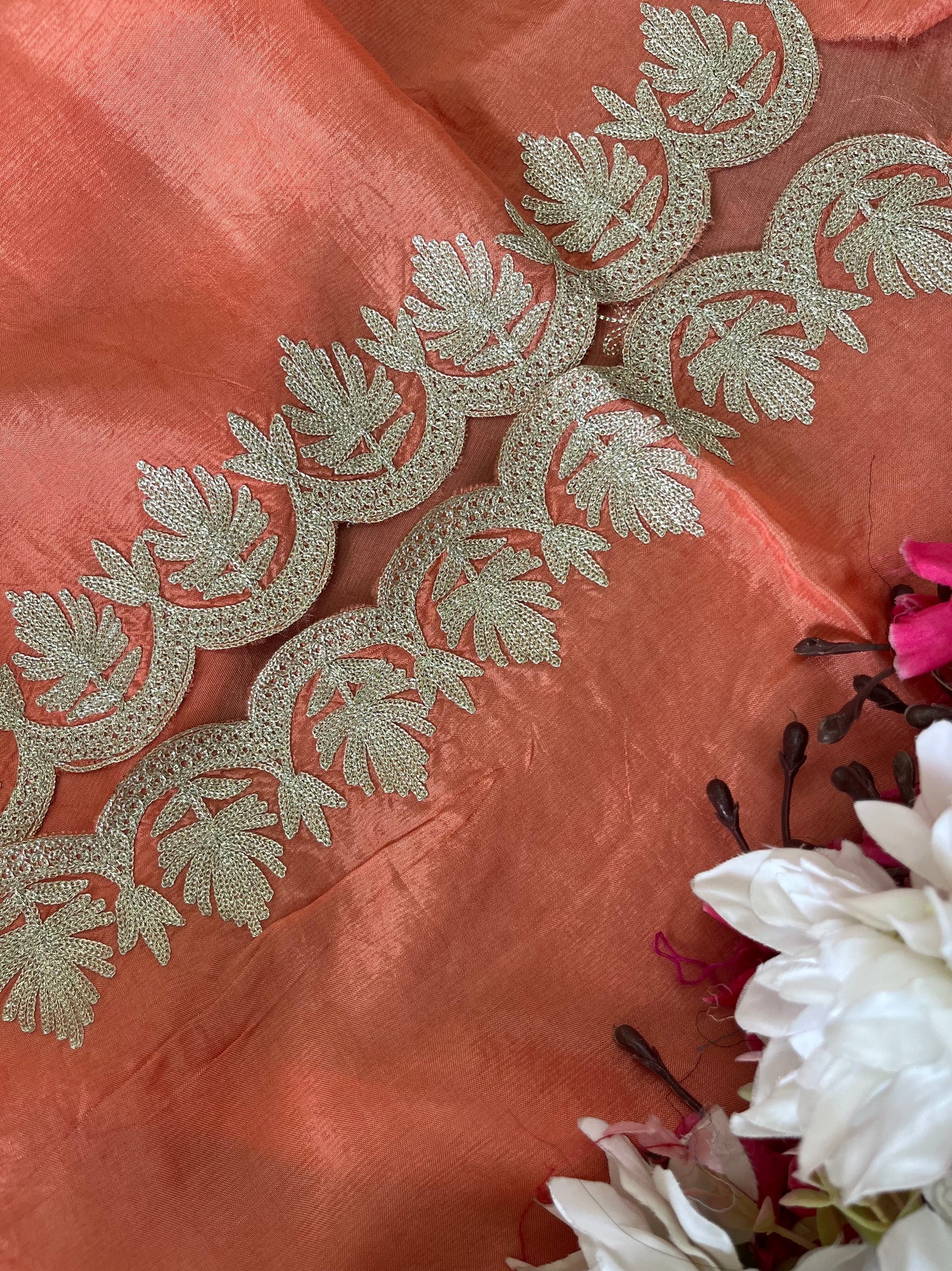 Sanam’ Peach Silk Tilla Embroidered Suit material