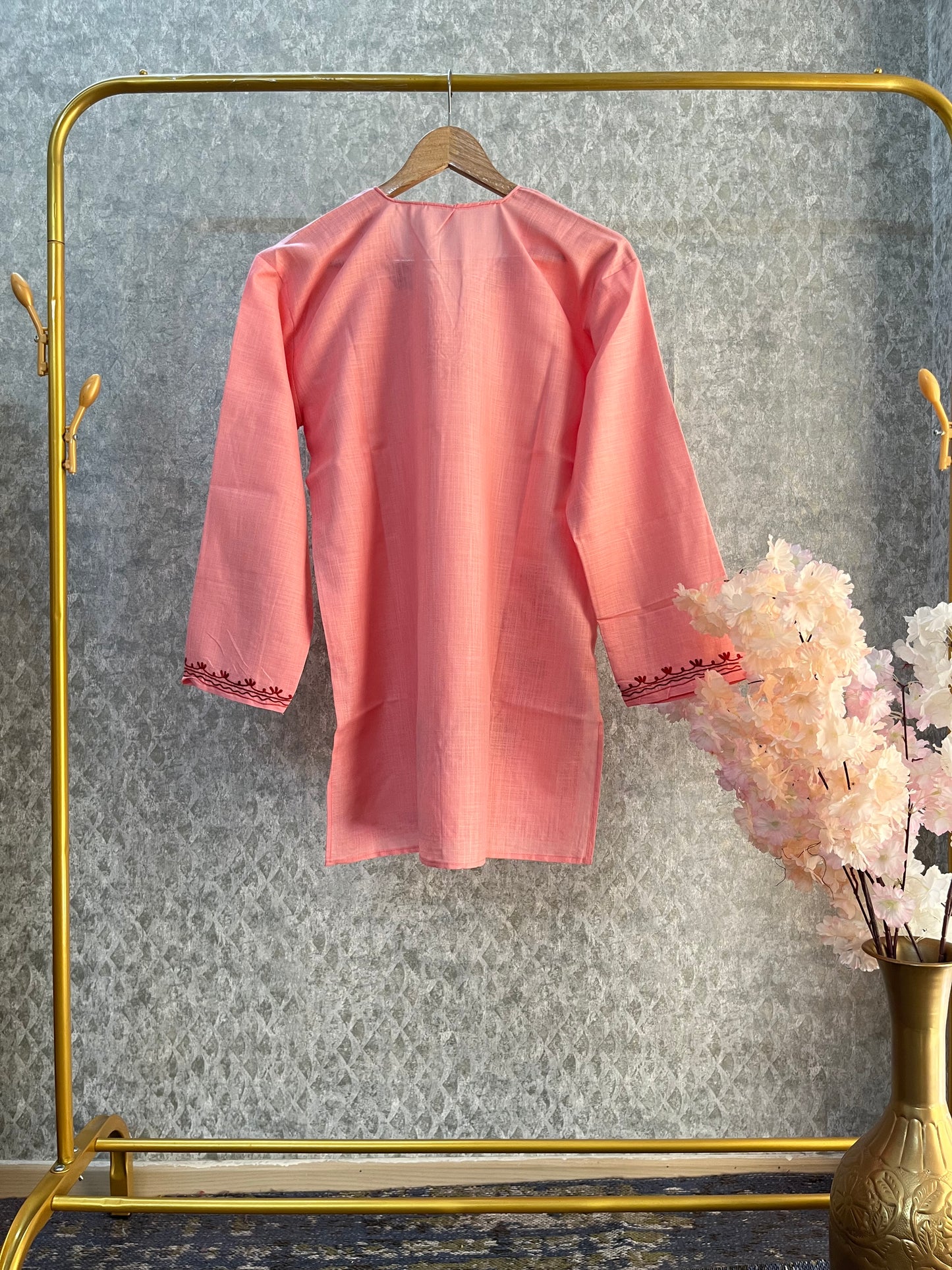 Peach Pink Cotton Aari Work Kurta