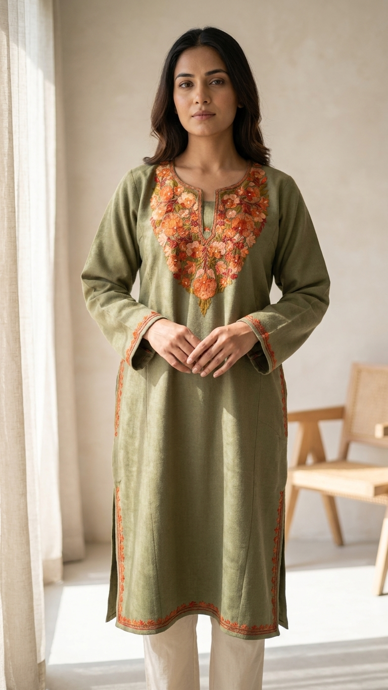 Beige Aari Embroidered Wool Pheran