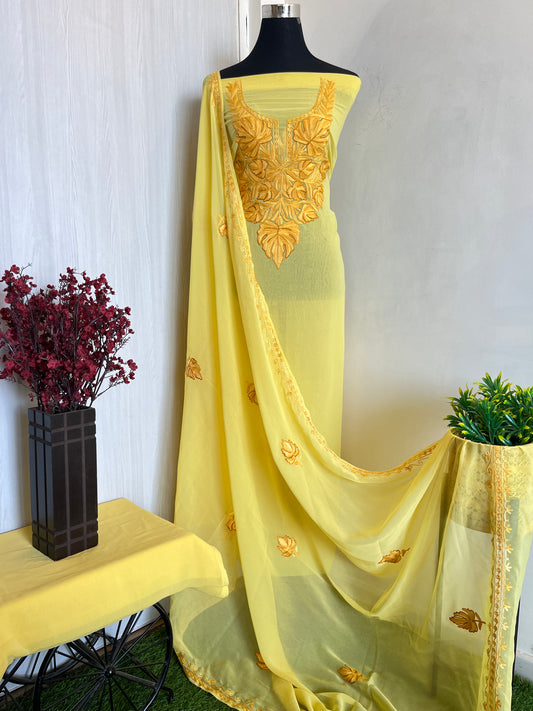 Georgette Yellow 3 Pc Aari Embroidered Suit Set