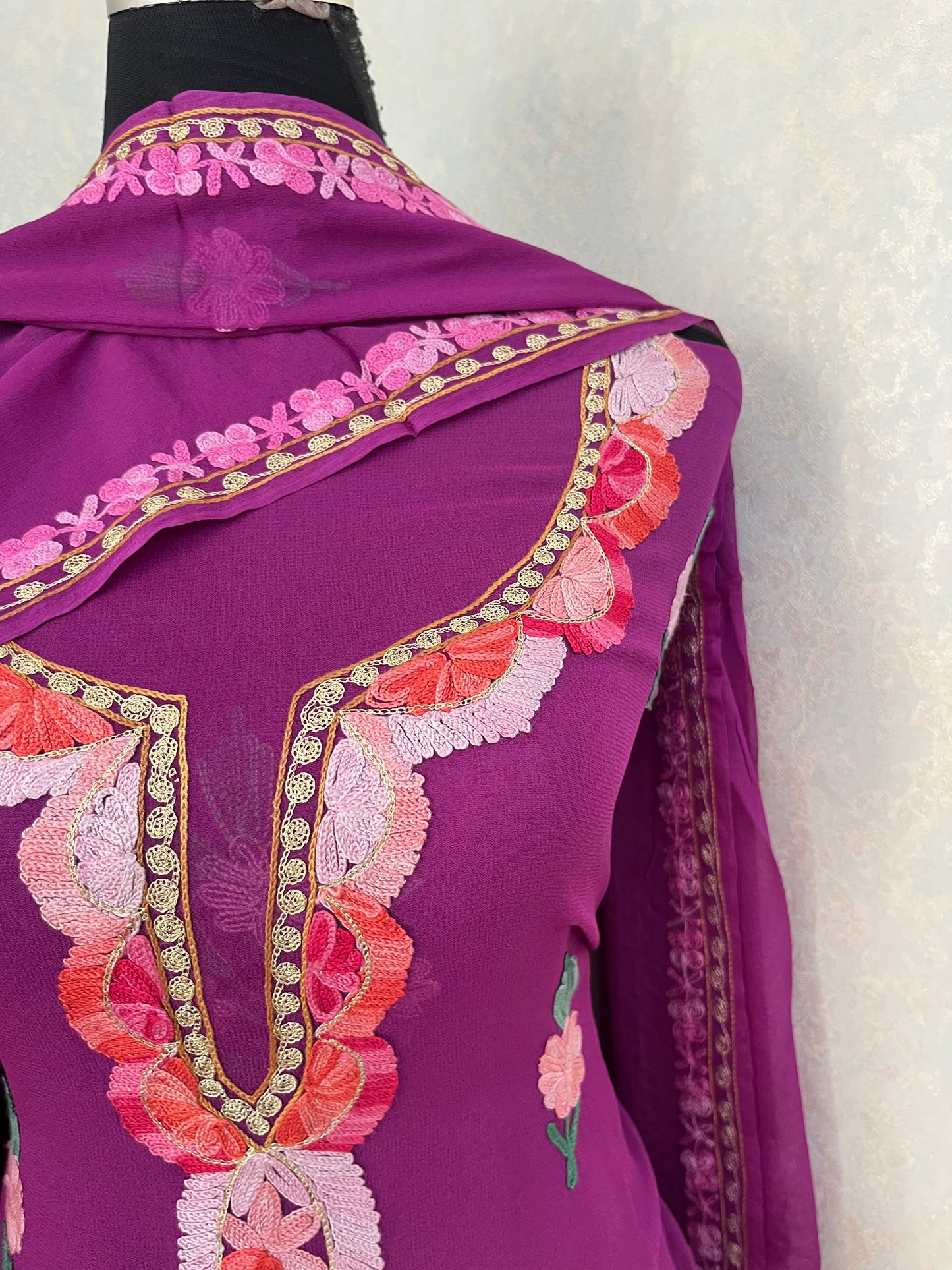 Wine Pure Georgette Aari Embroidered Suit