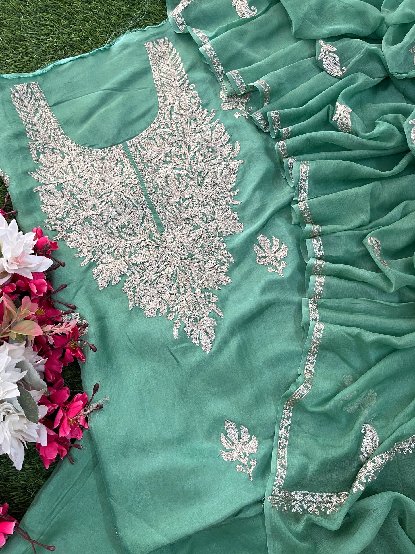 Pastel Green Sanam’ Silk Tilla Kashmiri Suit