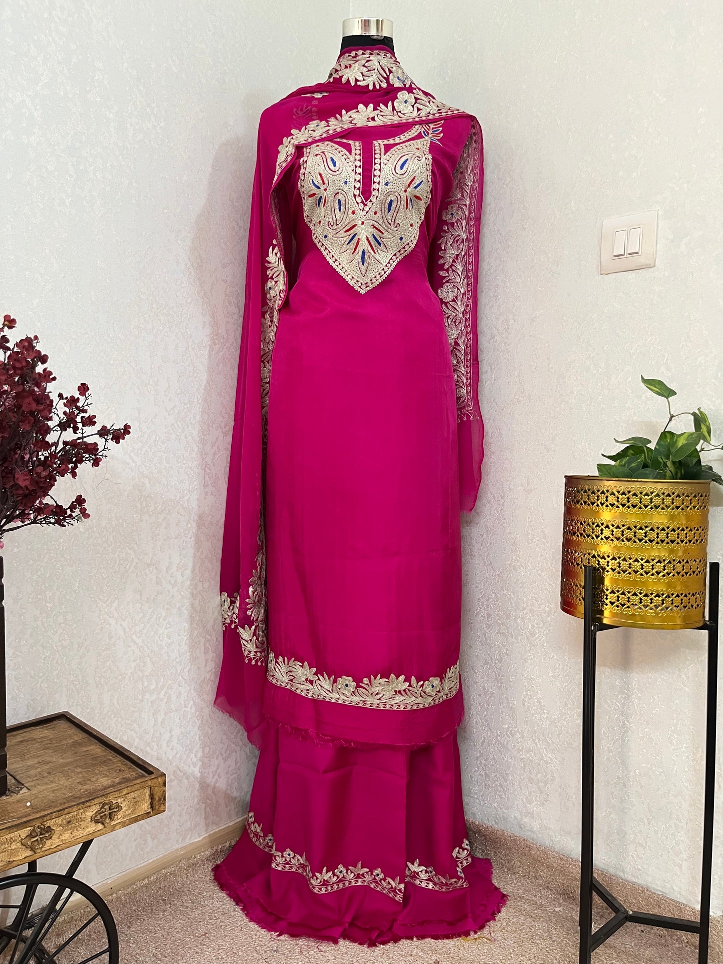 Hot Pink Opada Silk Kashmiri Suits