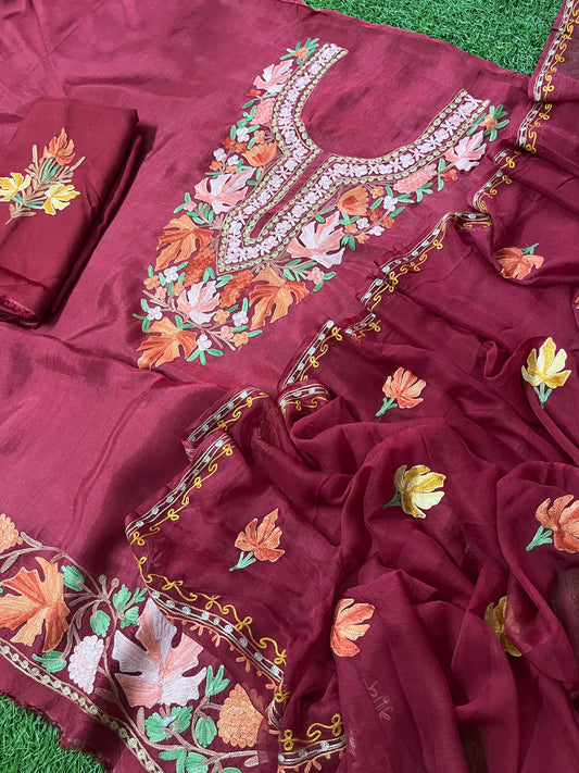 Maroon Opada Silk Aari Embroidered Suit material