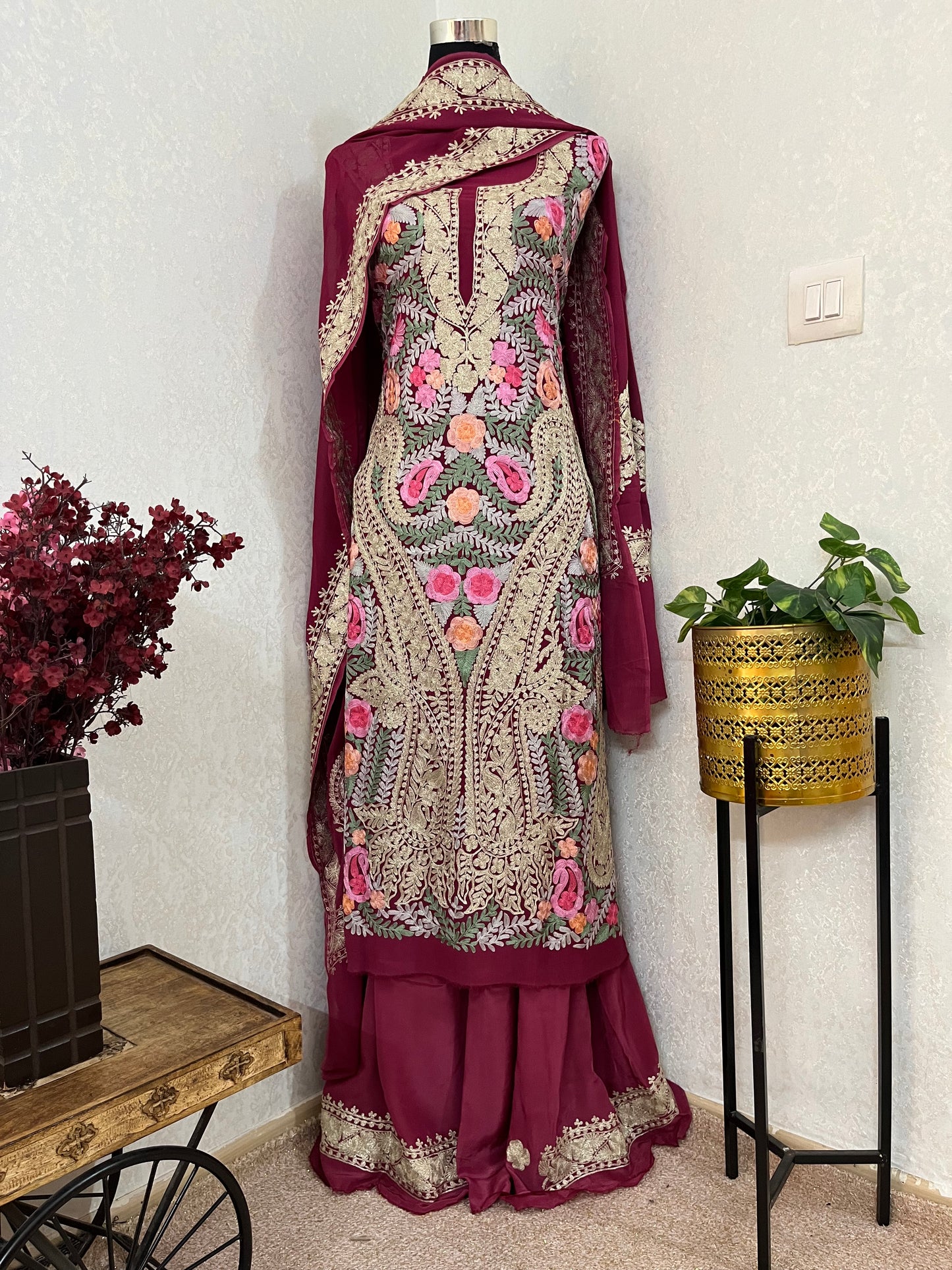 Wine Georgette 3 Pc Aari Embroidered Suit