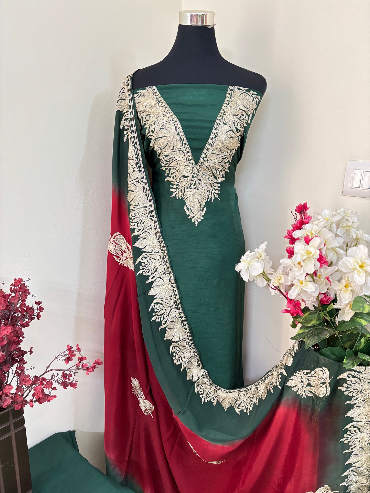 Sanam Bottle Green Silk Kashmiri Suit