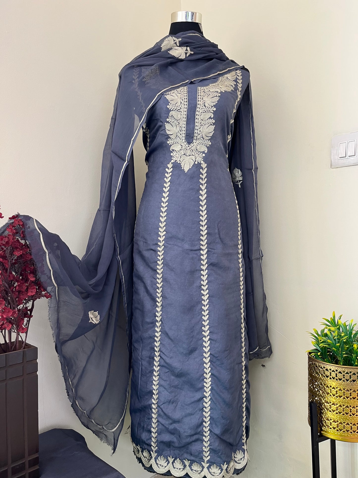 Sanam’ English Blue Silk Tilla Embroidered Suit material