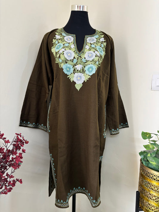 Army Green Aari Embroidered Wool Pheran