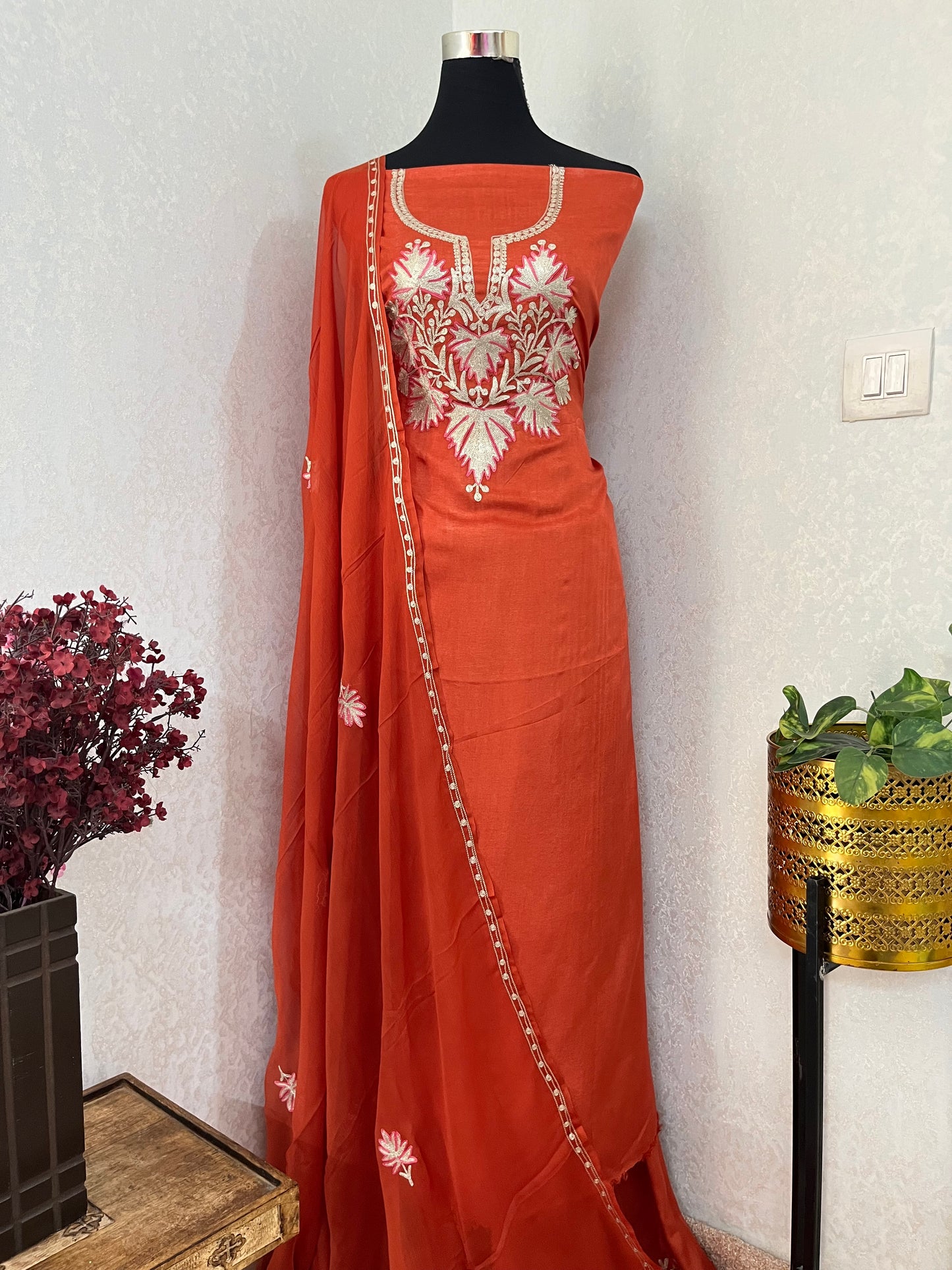Sweet Orange Silk Tilla Kashmiri Suit