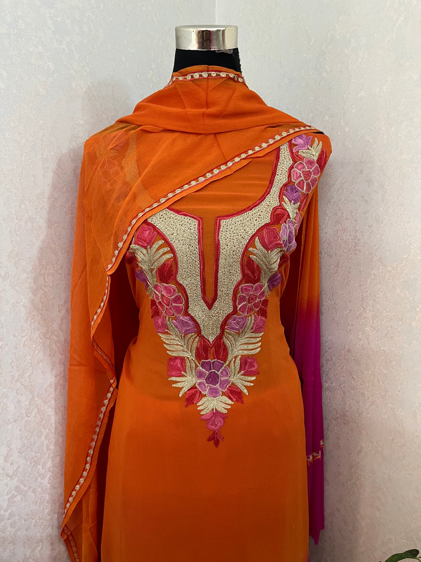 Orange Pure Georgette Double Shade Kashmiri Suit