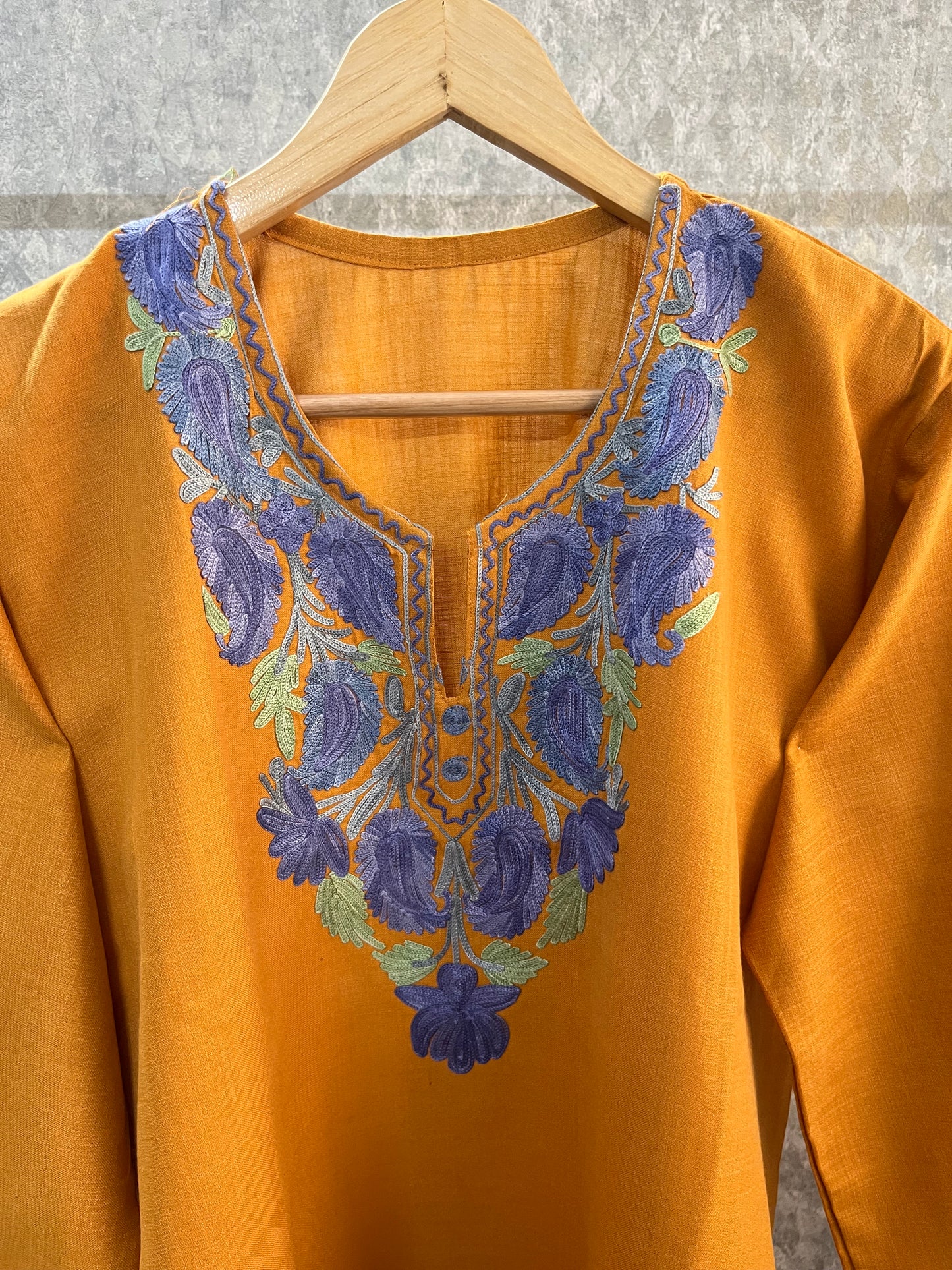 Mustard Cotton Aari Work Kurta