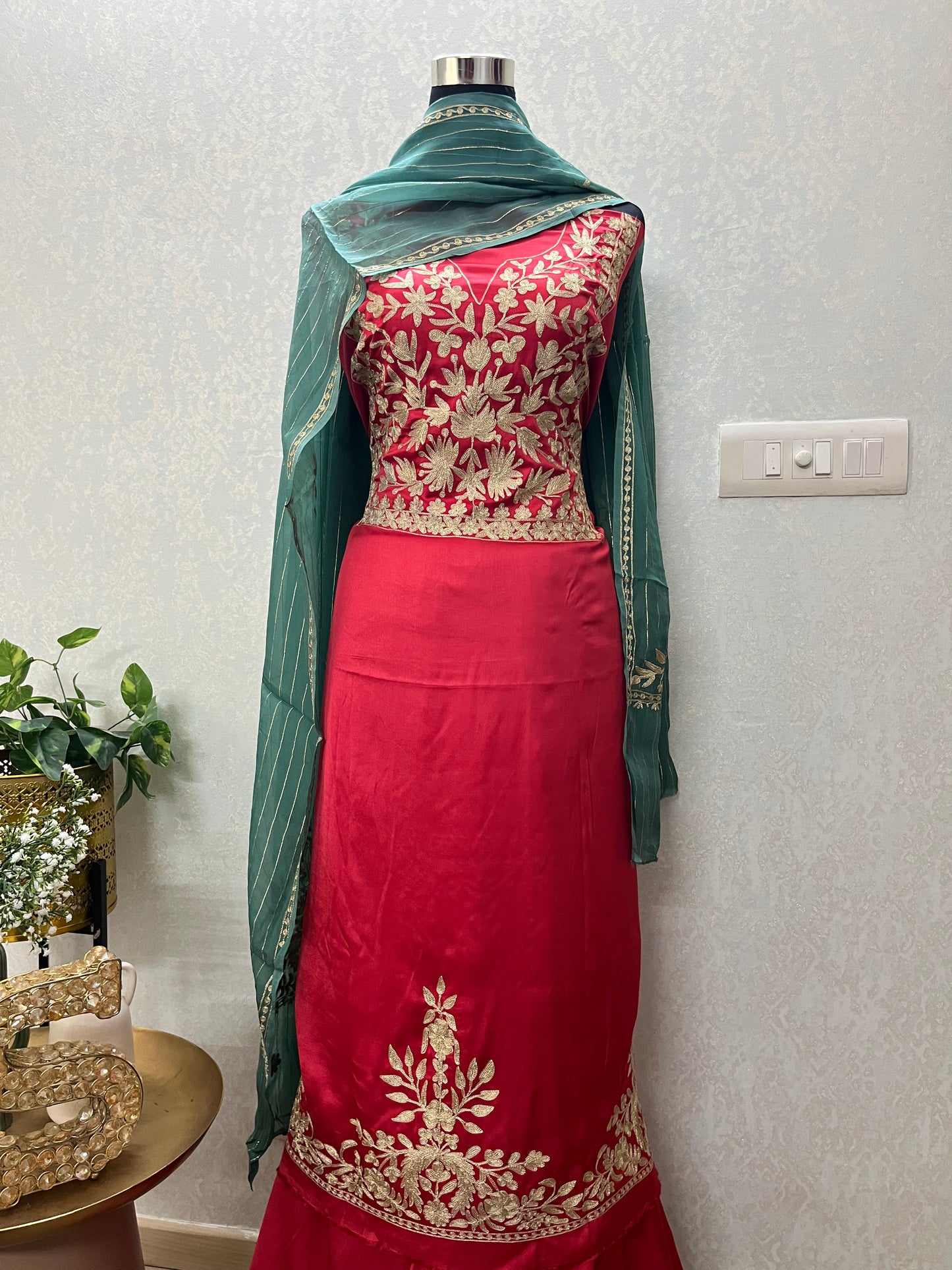 Red Satin Cotton Kashmiri Suit