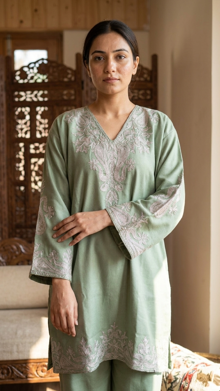 Light Green Woollen Kashmiri Co-Ord Set ( Size 48)