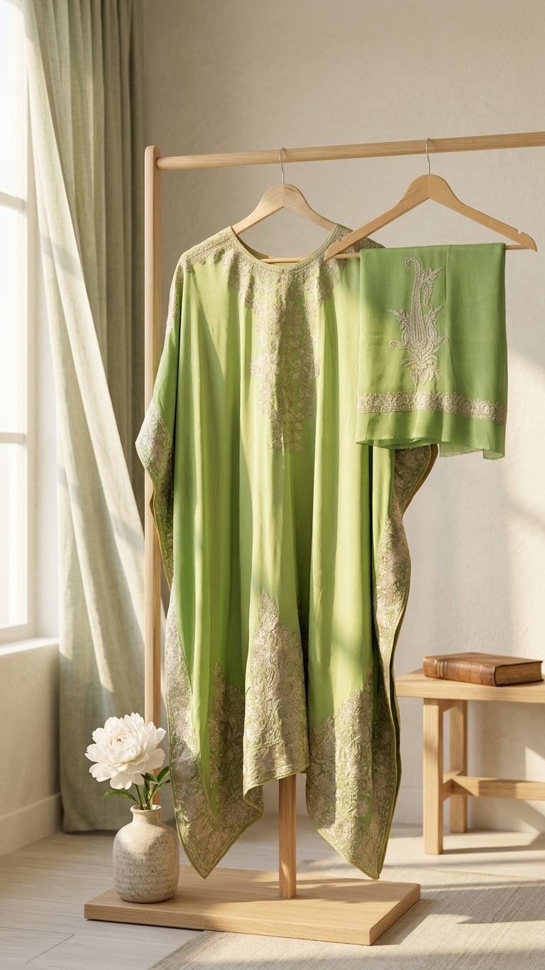 Pista Green Pure Crape Kashmiri Kaftan