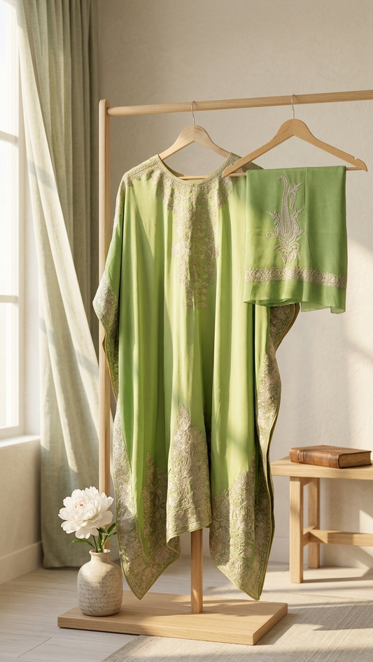 Pista Green Pure Crape Kashmiri Kaftan