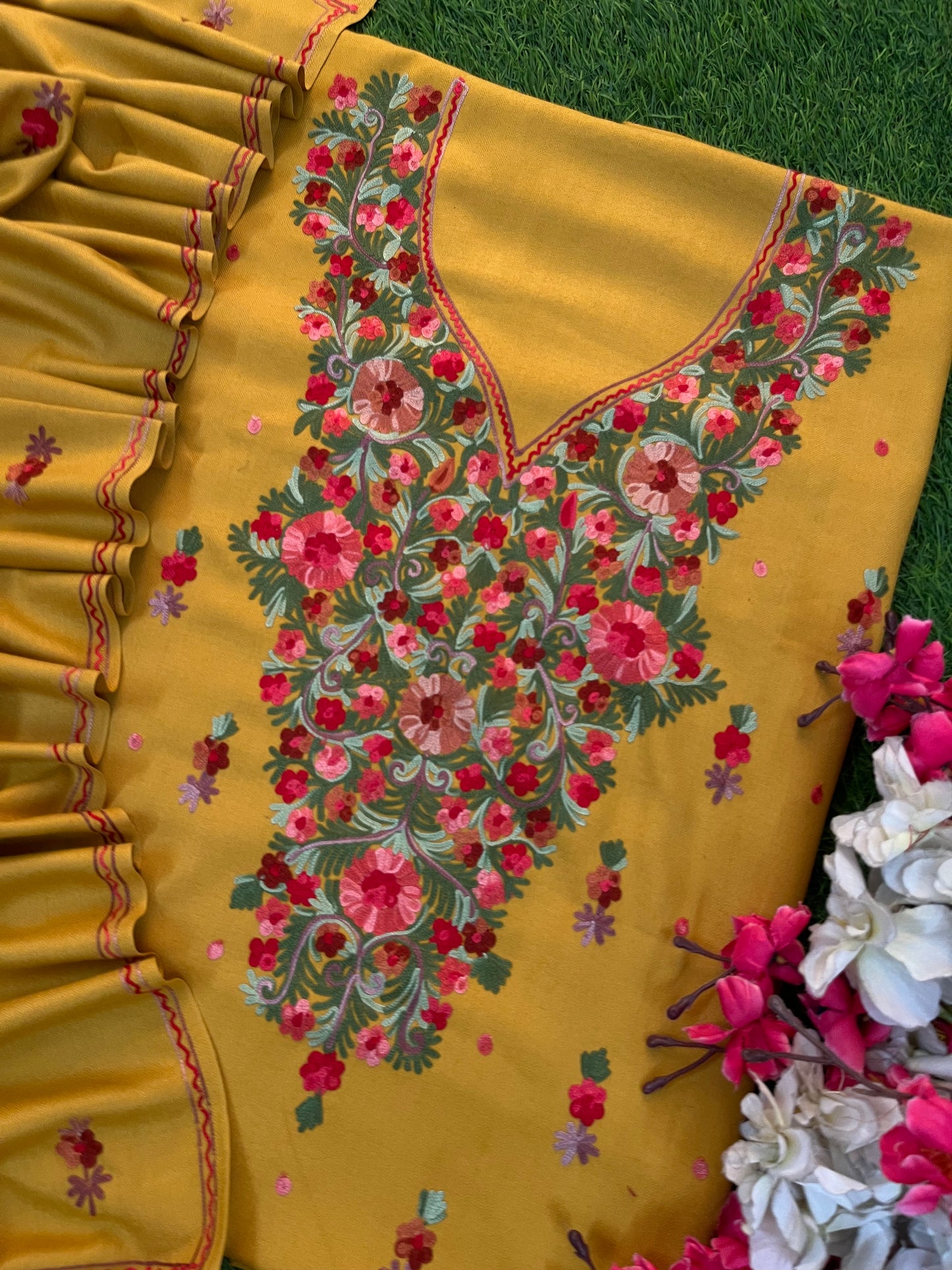 Yellow Woollen Aari Embroidered 3pc suit