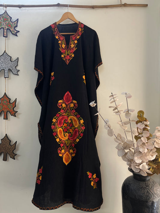 Long Crush Cotton Black Aari embroidered Kaftan
